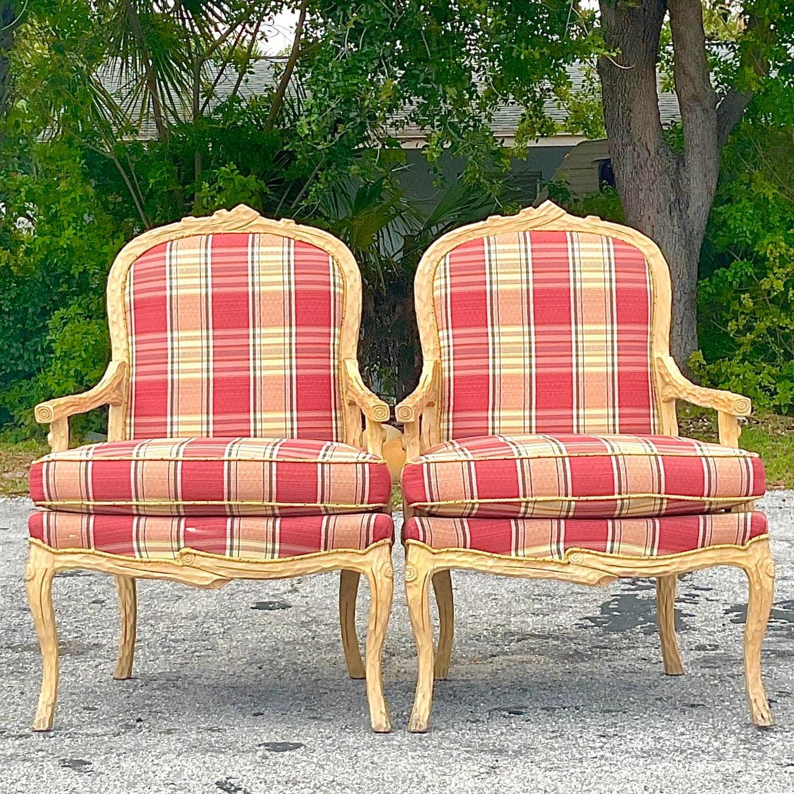 Upholstery Late 20th Century Vintage Regency Carved Faux Bois Bergere Chairs - a Pair For Sale