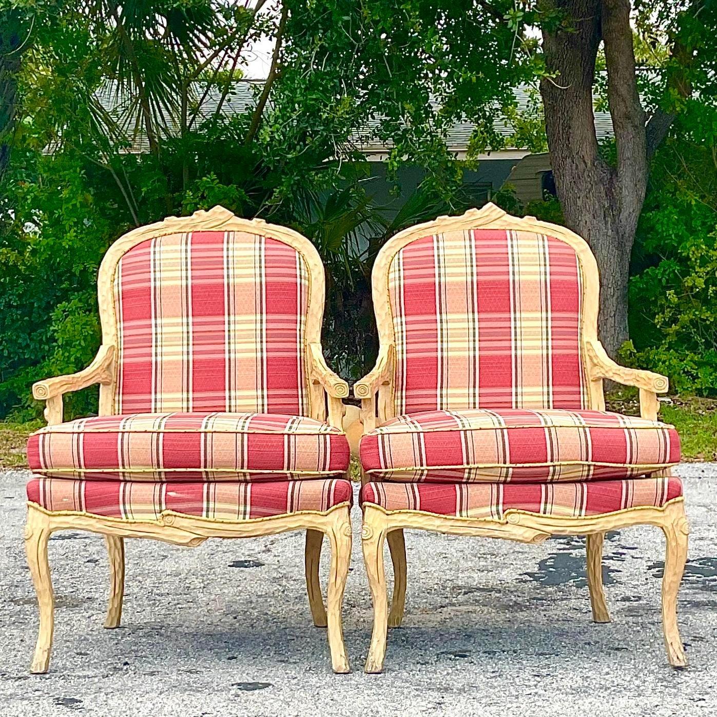 Late 20th Century Vintage Regency Carved Faux Bois Bergere Chairs - a Pair For Sale 1