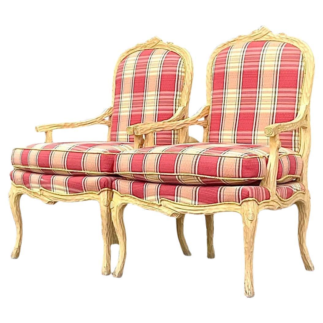 Late 20th Century Vintage Regency Carved Faux Bois Bergere Chairs - a Pair For Sale