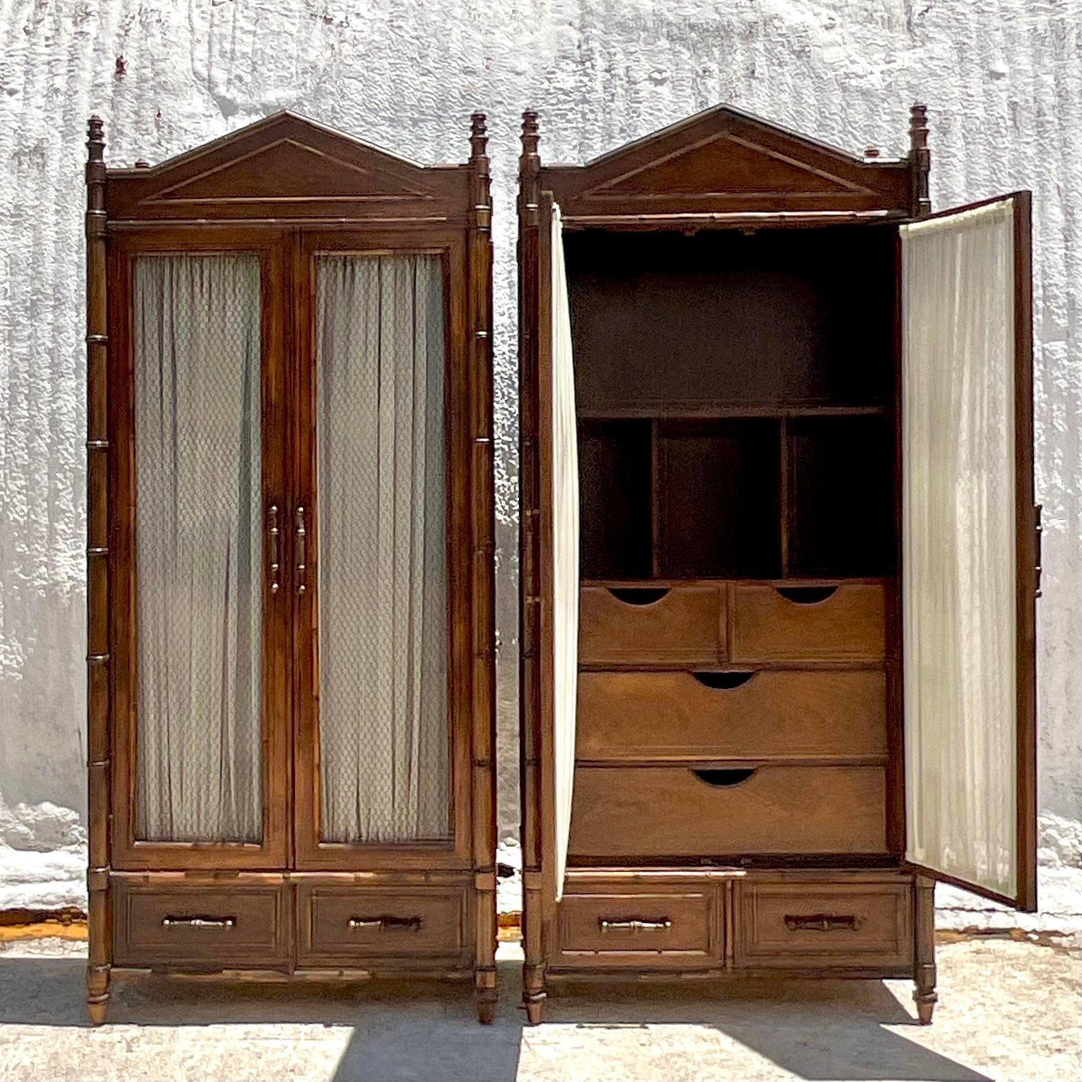 Late 20th Century Vintage Regency Century Carved Bamboo Armoires - a Pair In Good Condition In west palm beach, FL