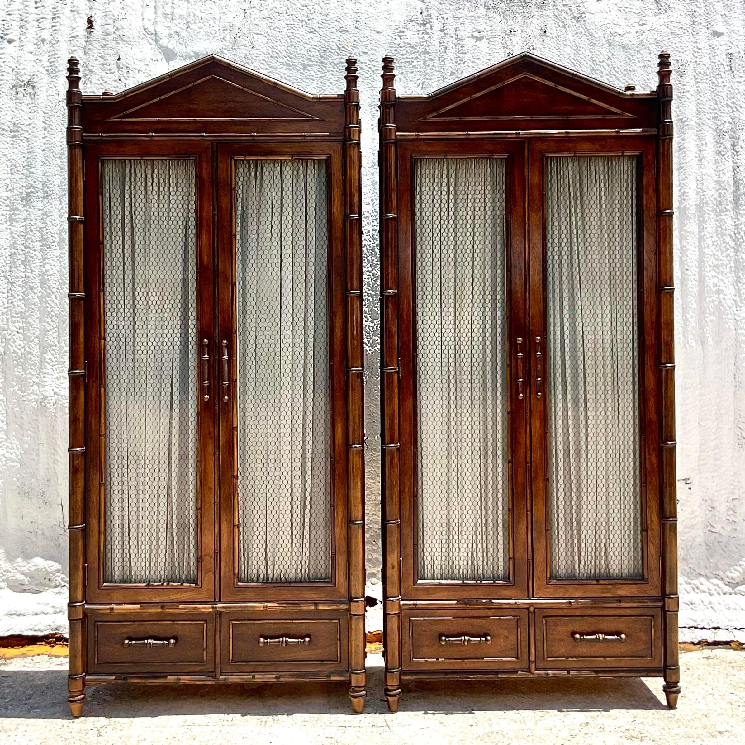 Late 20th Century Vintage Regency Century Carved Bamboo Armoires - a Pair For Sale 4