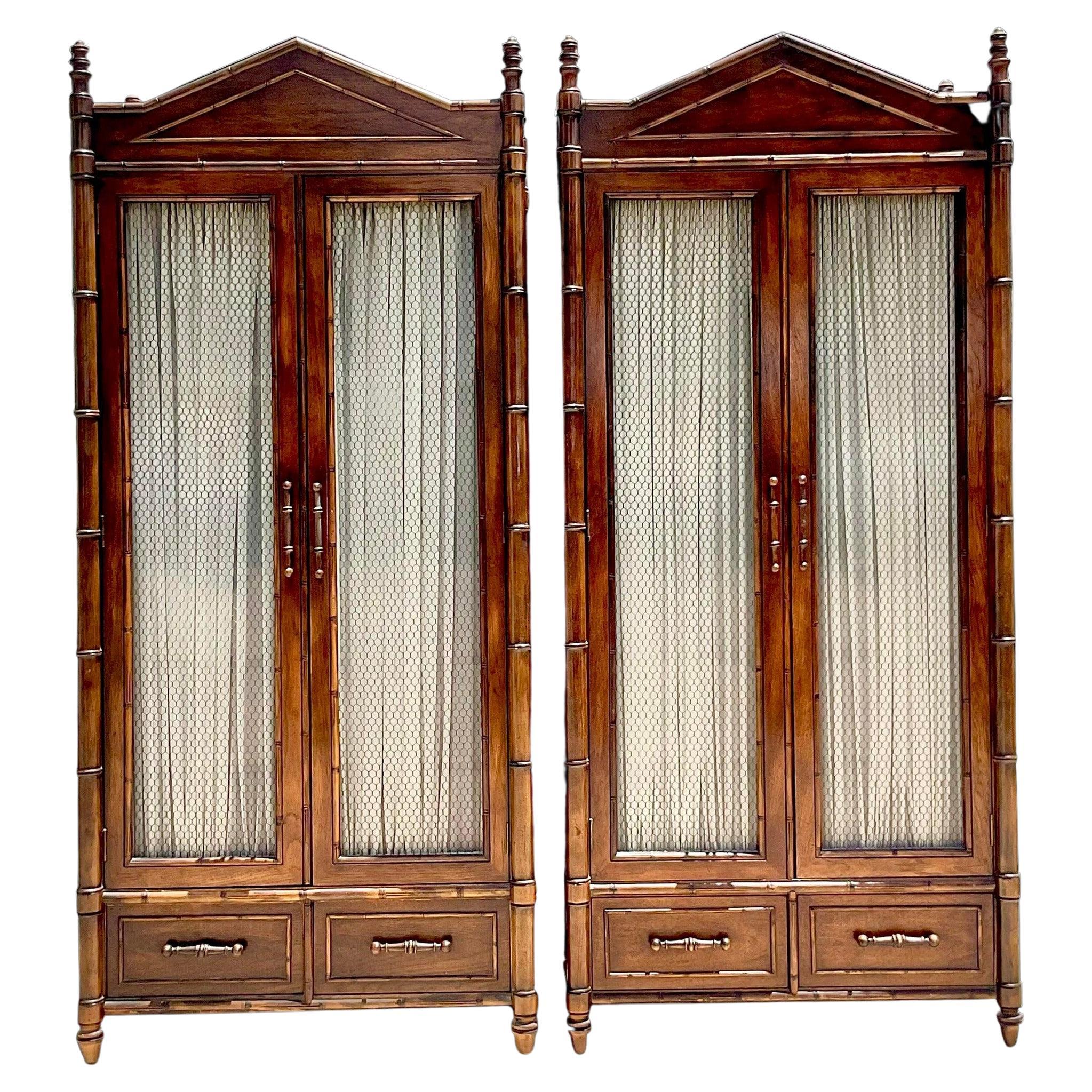 Late 20th Century Vintage Regency Century Carved Bamboo Armoires - a Pair For Sale