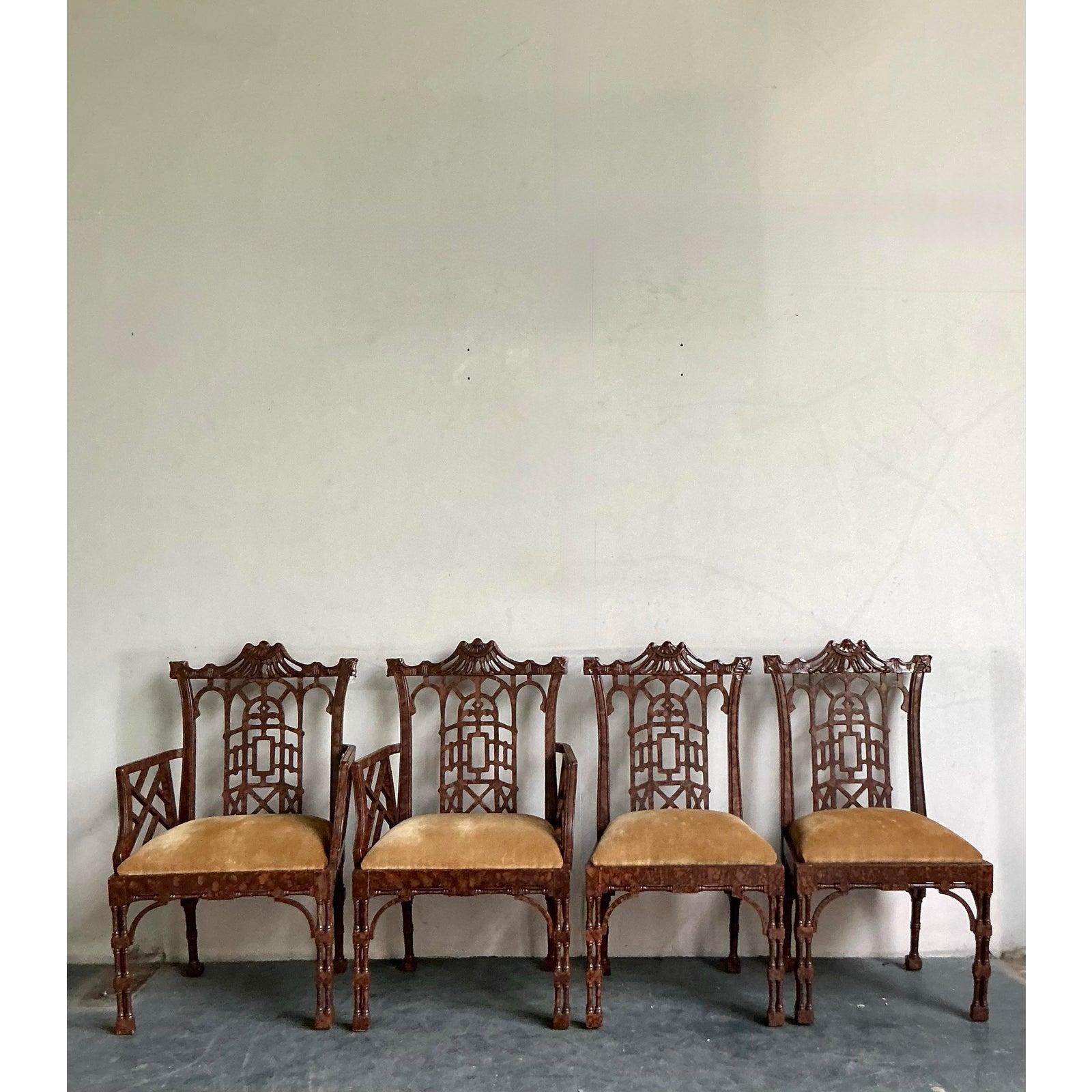 Fin du 20ème siècle Vintage Regency Faux Fretwork Pagoda Chairs de salle à manger - Set of 4 Bon état - En vente à West Palm Beach, FL