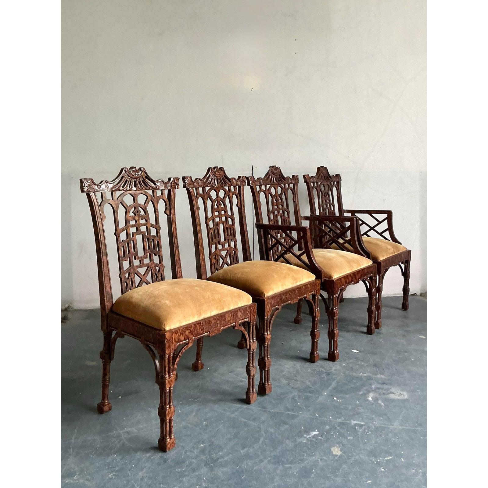 20ième siècle Fin du 20ème siècle Vintage Regency Faux Fretwork Pagoda Chairs de salle à manger - Set of 4 en vente