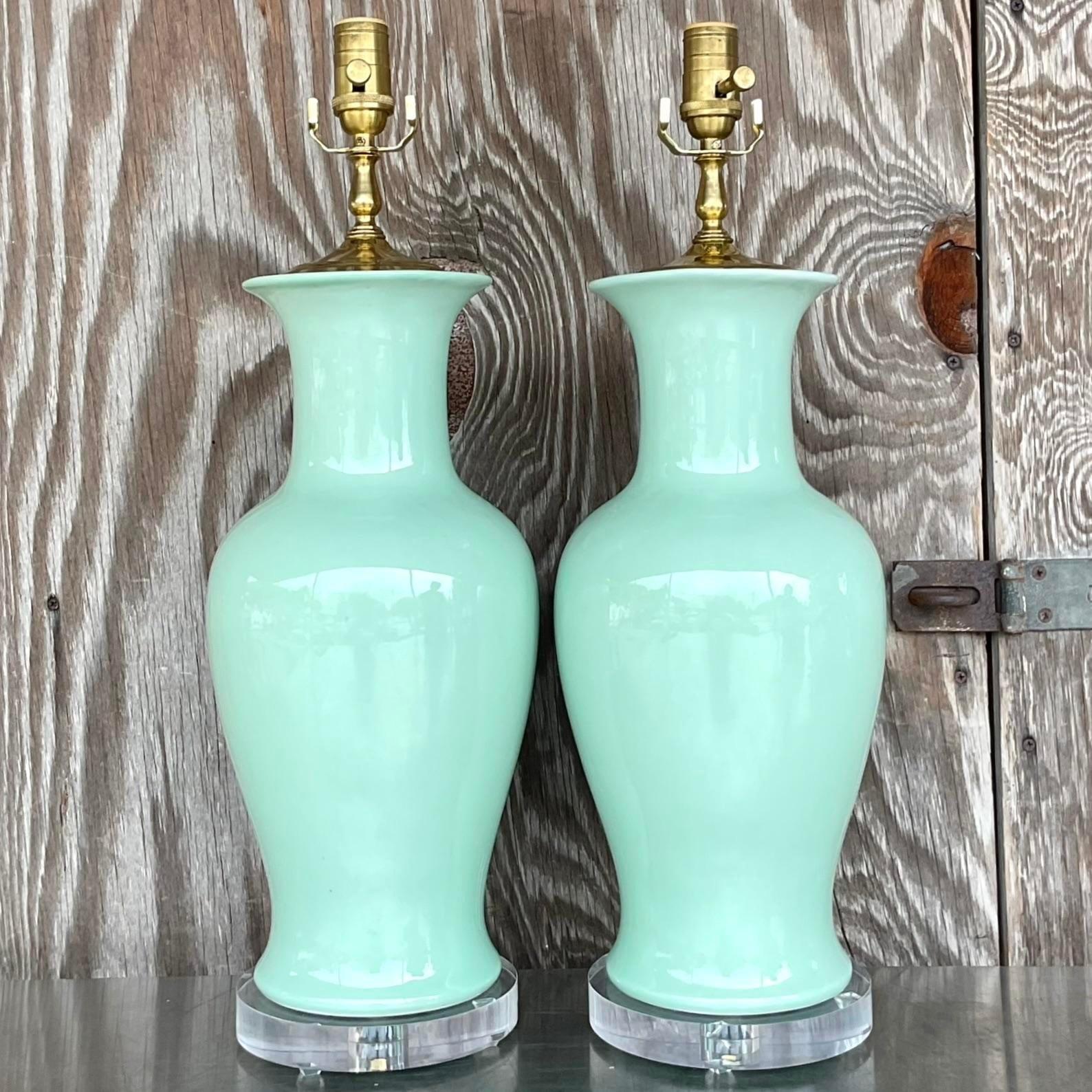 American Late 20th Century Vintage Regency Glazed Ceramic Table Lamps - a Pair For Sale