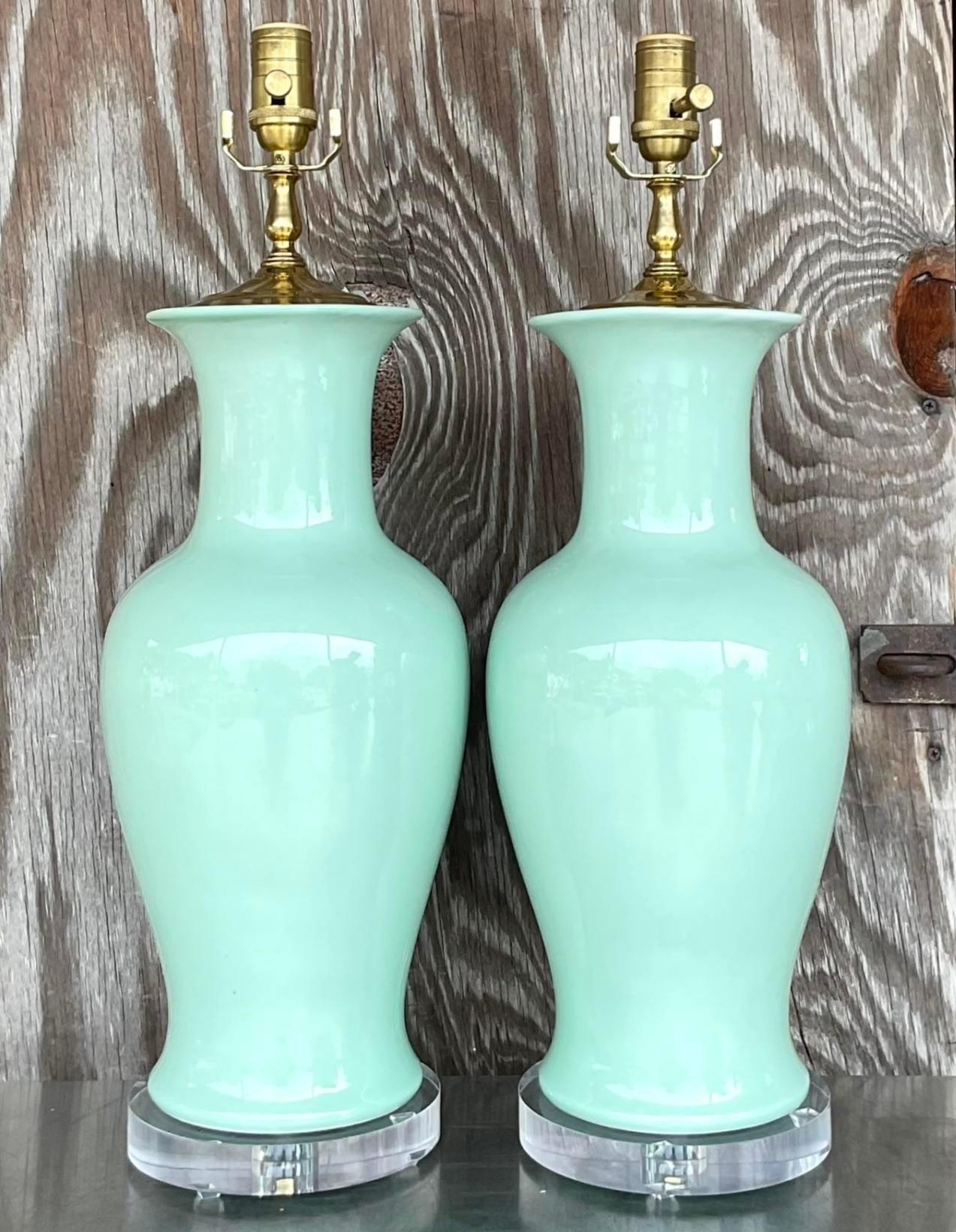 Late 20th Century Vintage Regency Glazed Ceramic Table Lamps - a Pair In Good Condition For Sale In west palm beach, FL