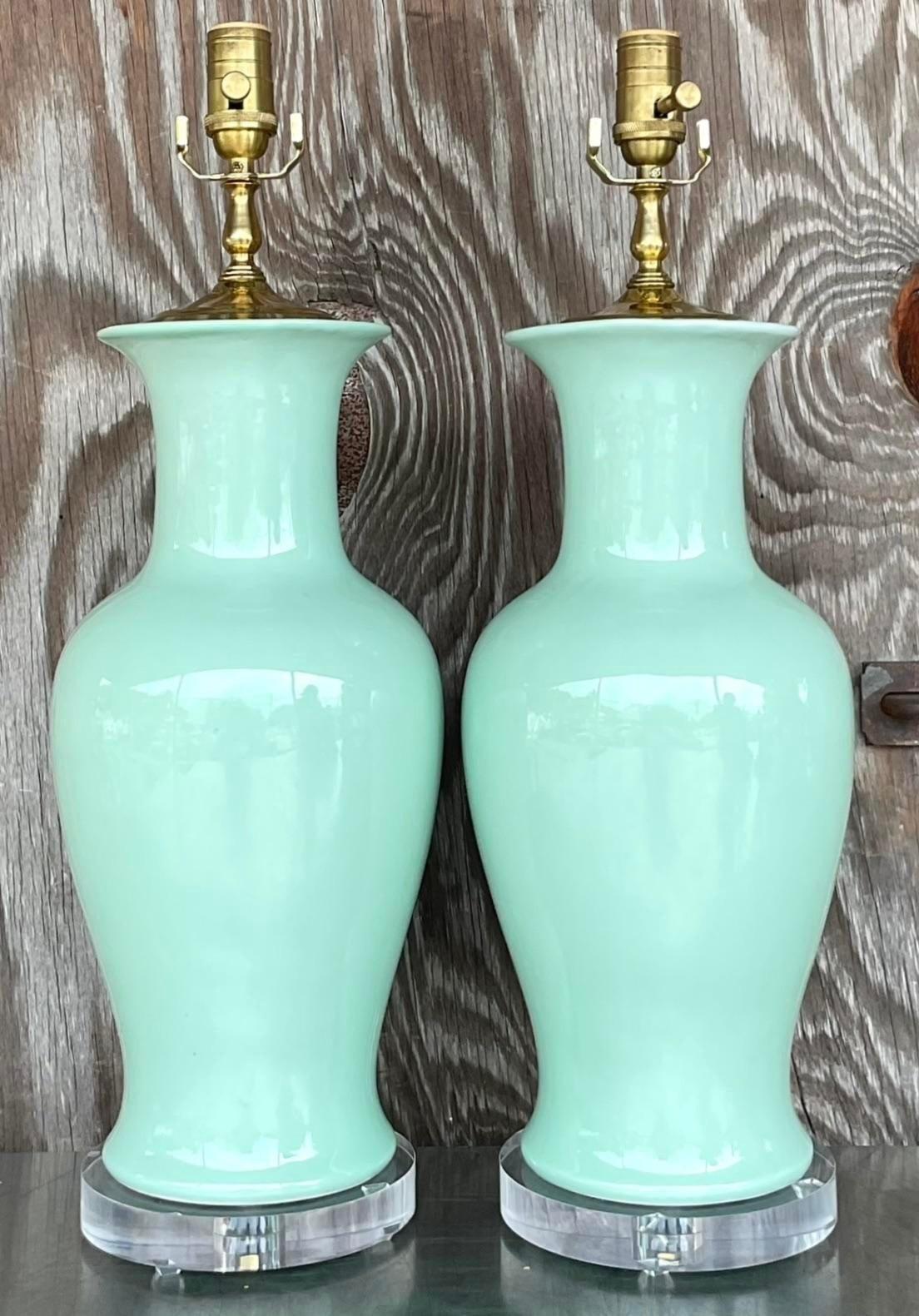 Metal Late 20th Century Vintage Regency Glazed Ceramic Table Lamps - a Pair For Sale