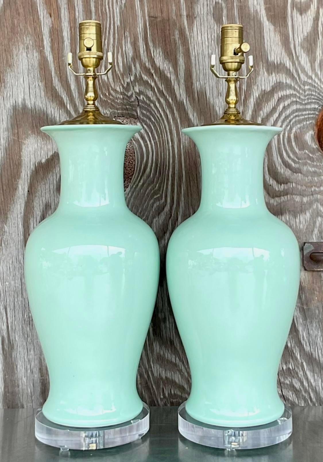 Late 20th Century Vintage Regency Glazed Ceramic Table Lamps - a Pair For Sale 1