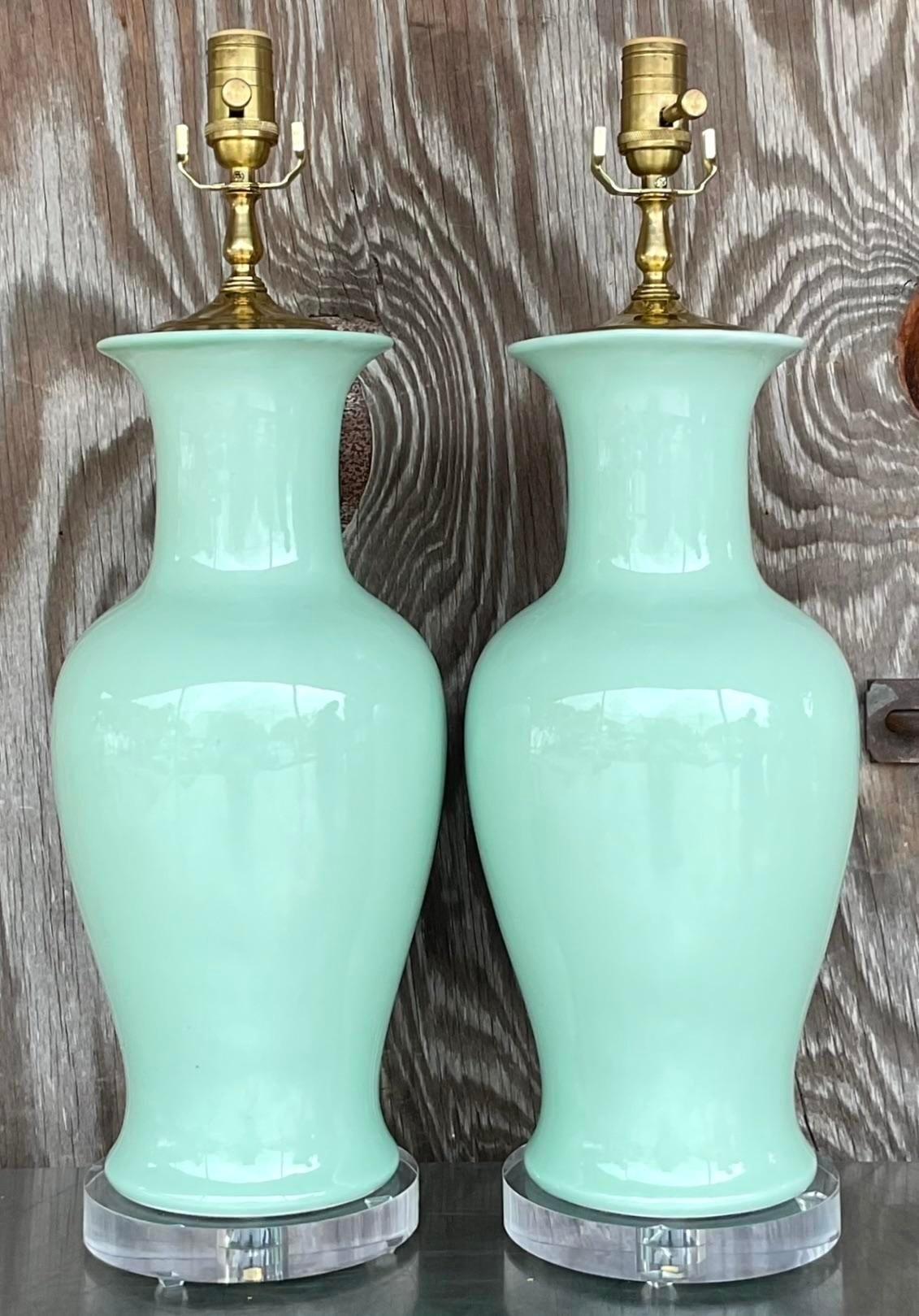 Late 20th Century Vintage Regency Glazed Ceramic Table Lamps - a Pair For Sale 2