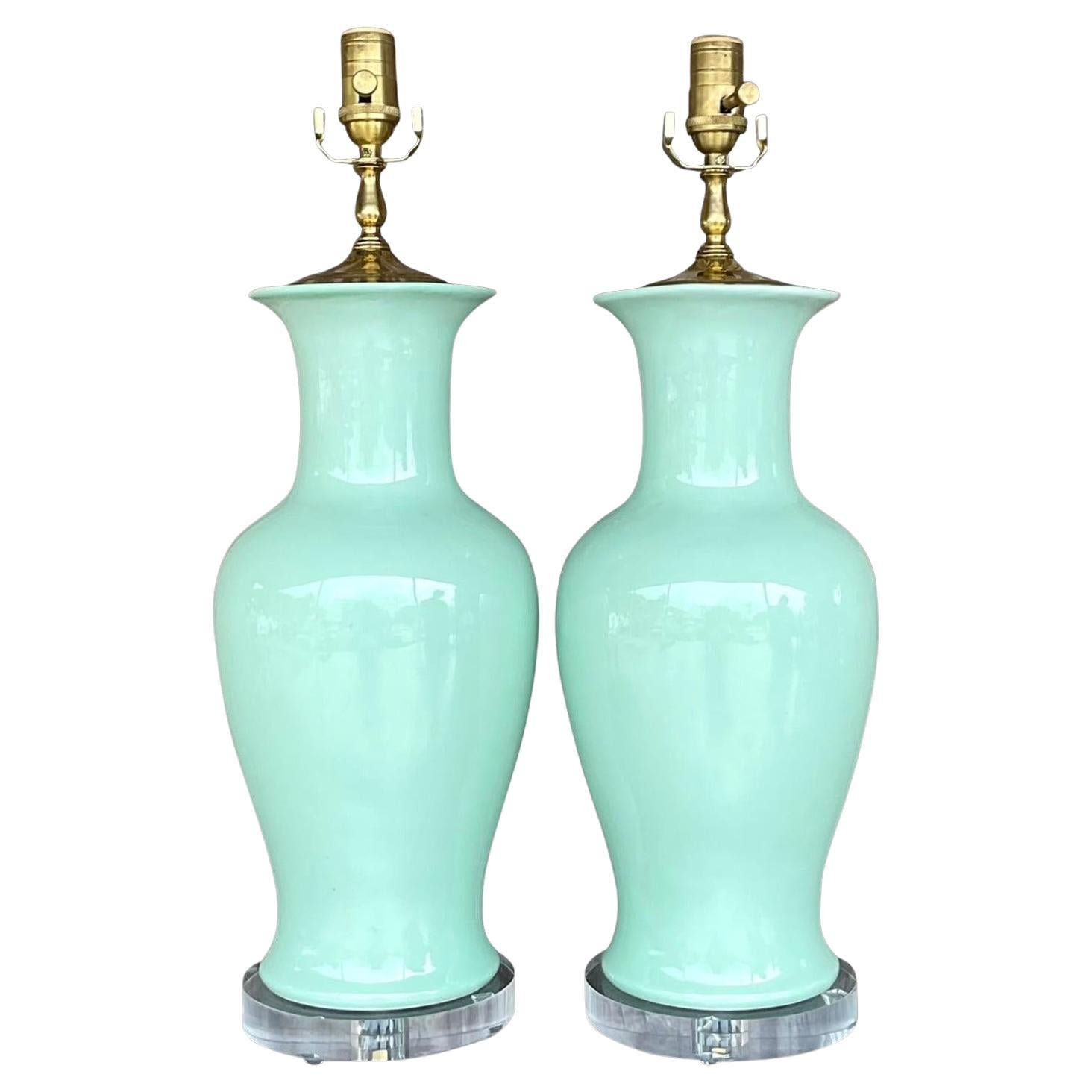 Late 20th Century Vintage Regency Glazed Ceramic Table Lamps - a Pair For Sale