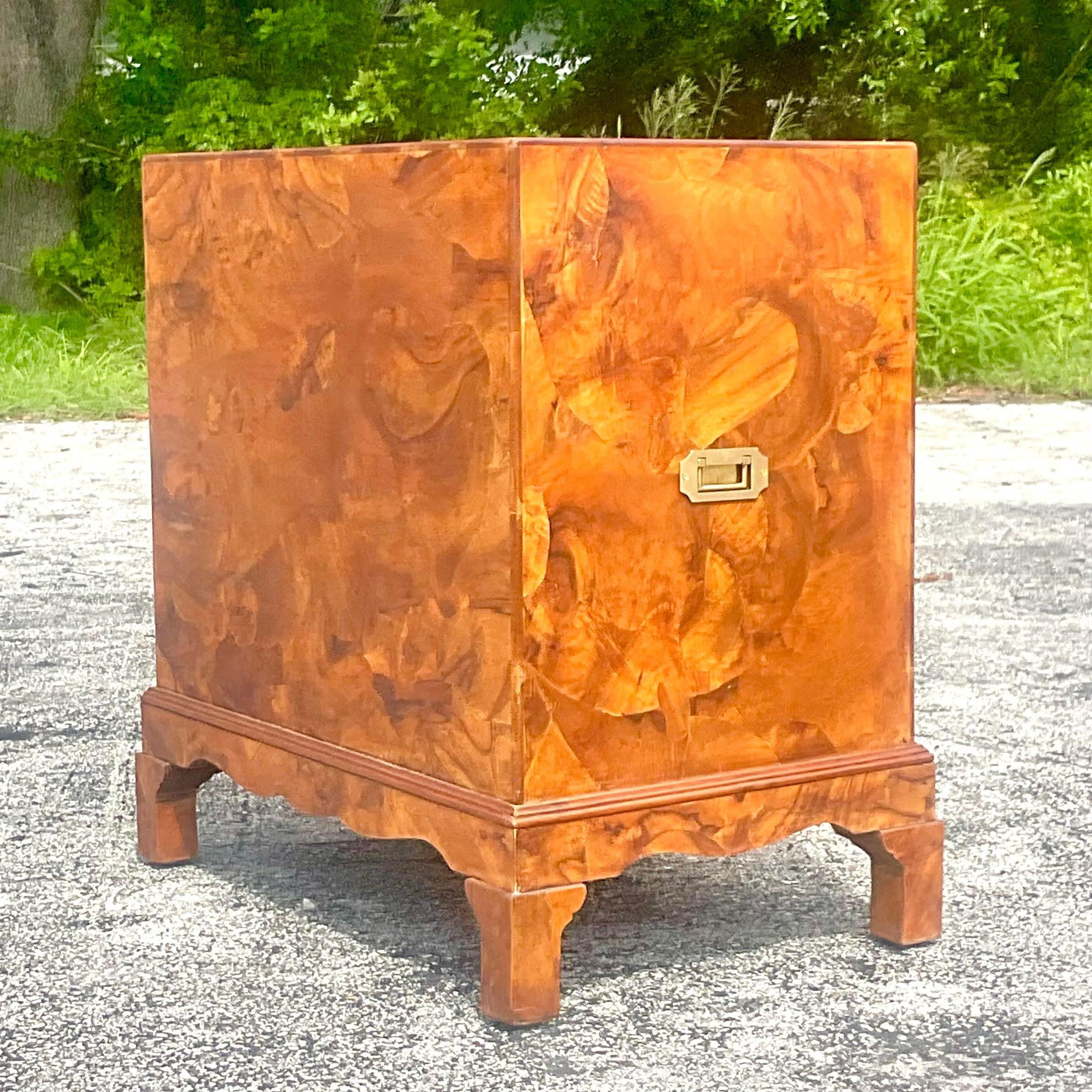 Brass Late 20th Century Vintage Italian Patchwork Burl Wood Petite Chest of Drawers