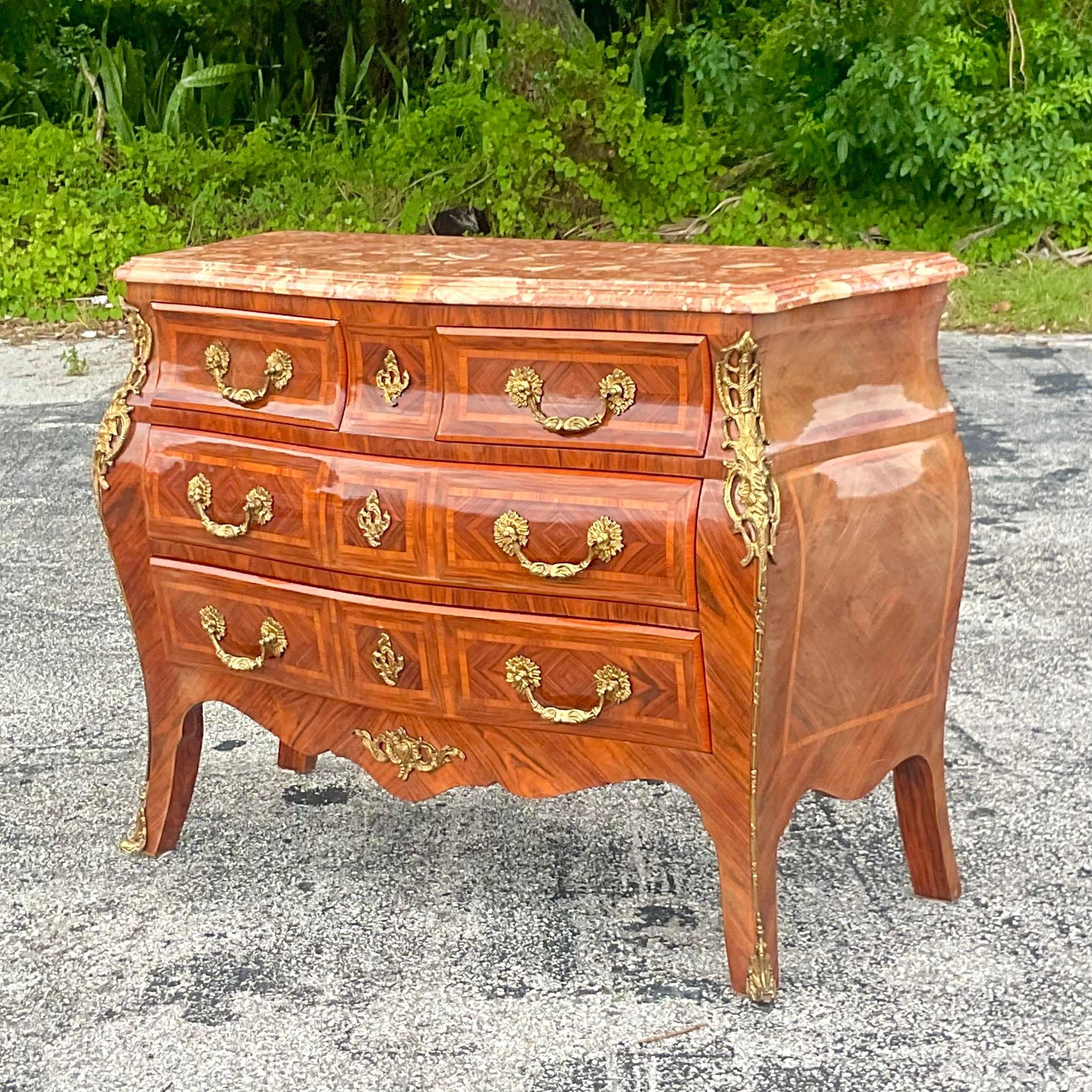 American Late 20th Century Vintage Regency Marquetry Bombe Chest With Brass Ormolu Detail