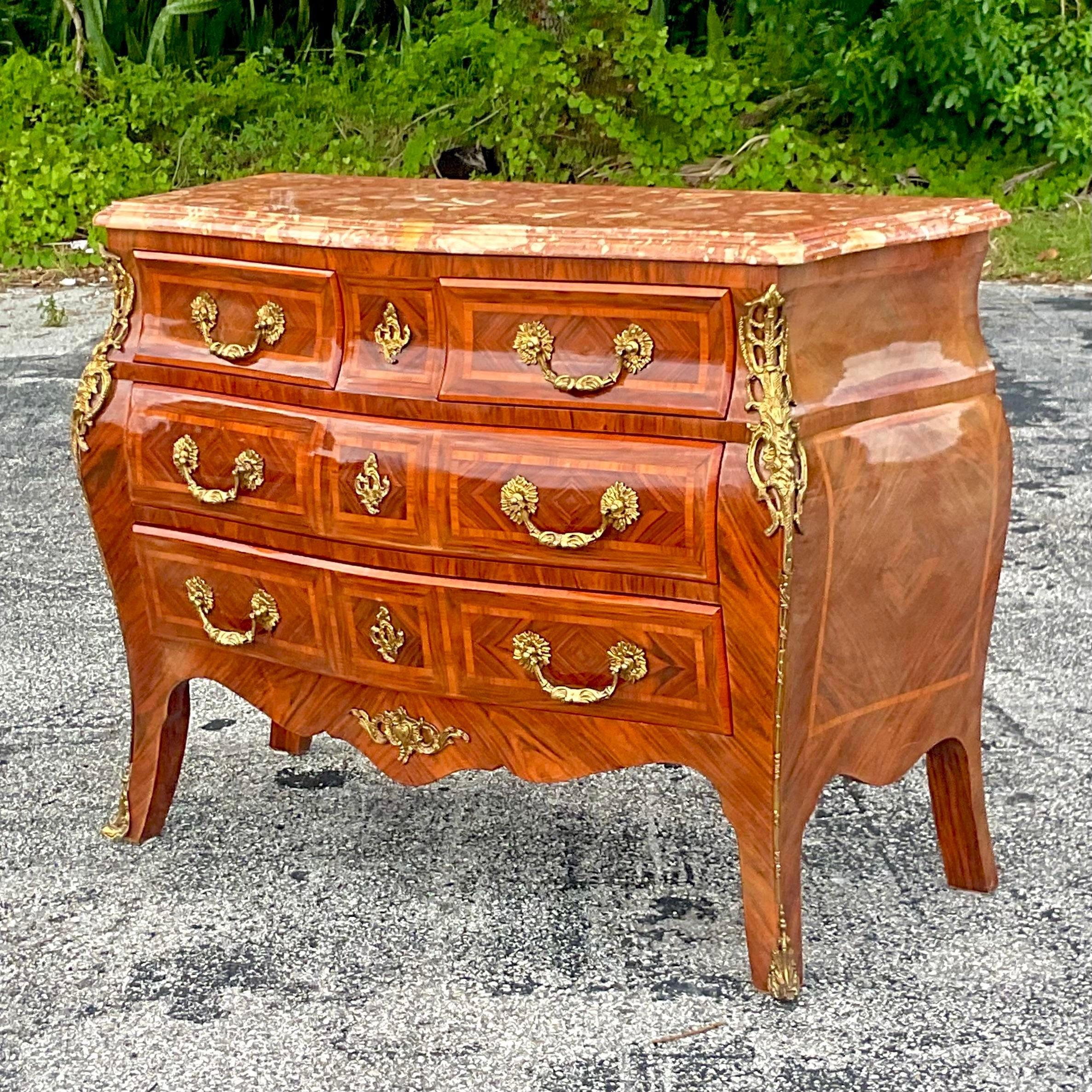 Late 20th Century Vintage Regency Marquetry Bombe Chest With Brass Ormolu Detail In Good Condition In west palm beach, FL
