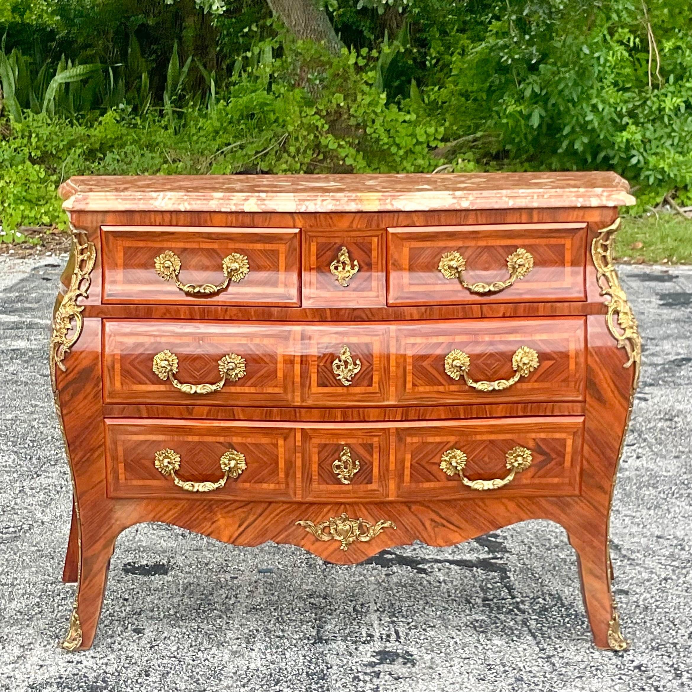 Late 20th Century Vintage Regency Marquetry Bombe Chest With Brass Ormolu Detail 2
