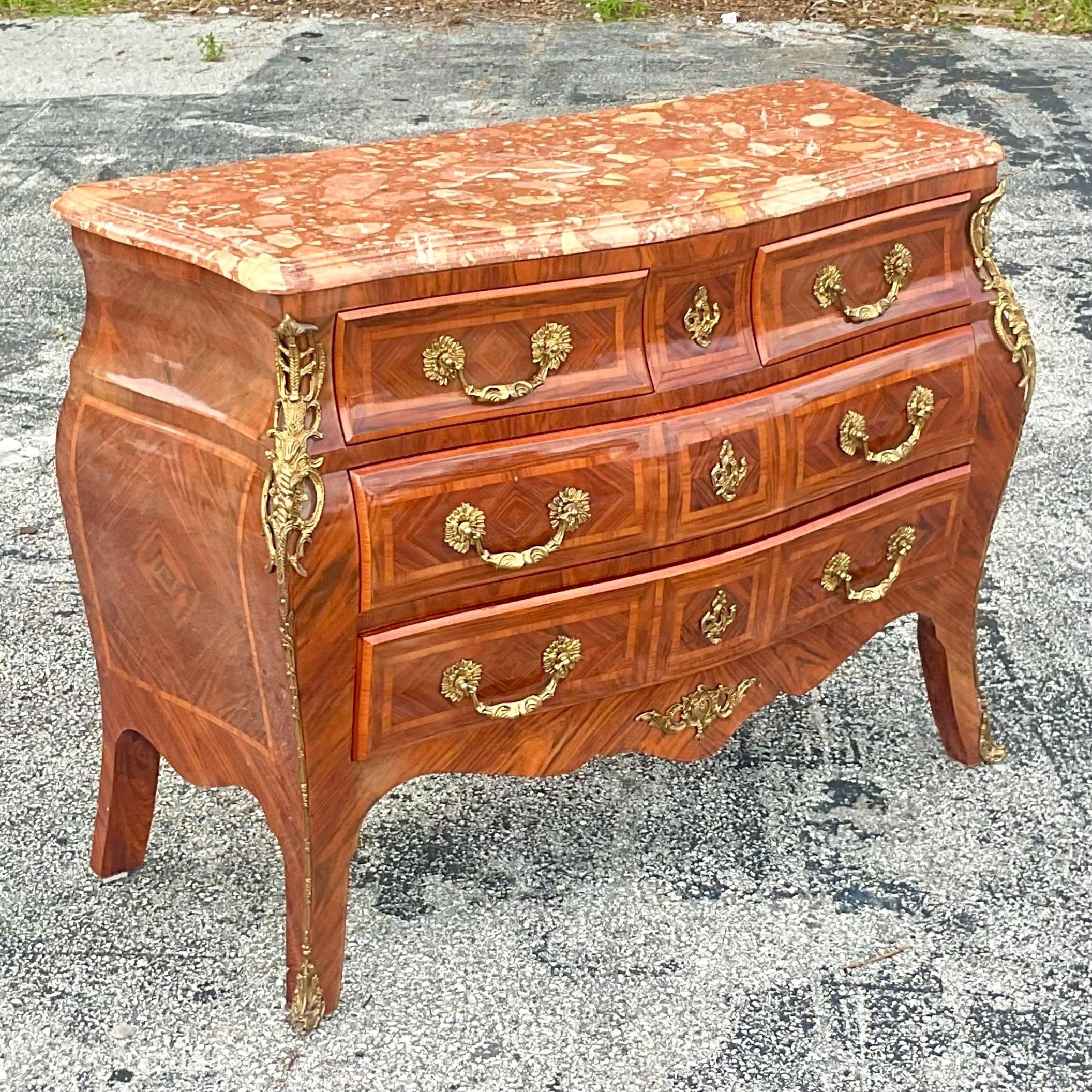 Late 20th Century Vintage Regency Marquetry Bombe Chest With Brass Ormolu Detail 3