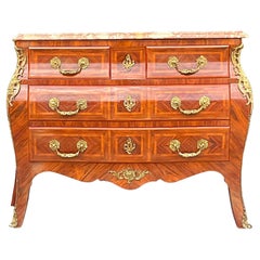 Late 20th Century Vintage Regency Marquetry Bombe Chest With Brass Ormolu Detail