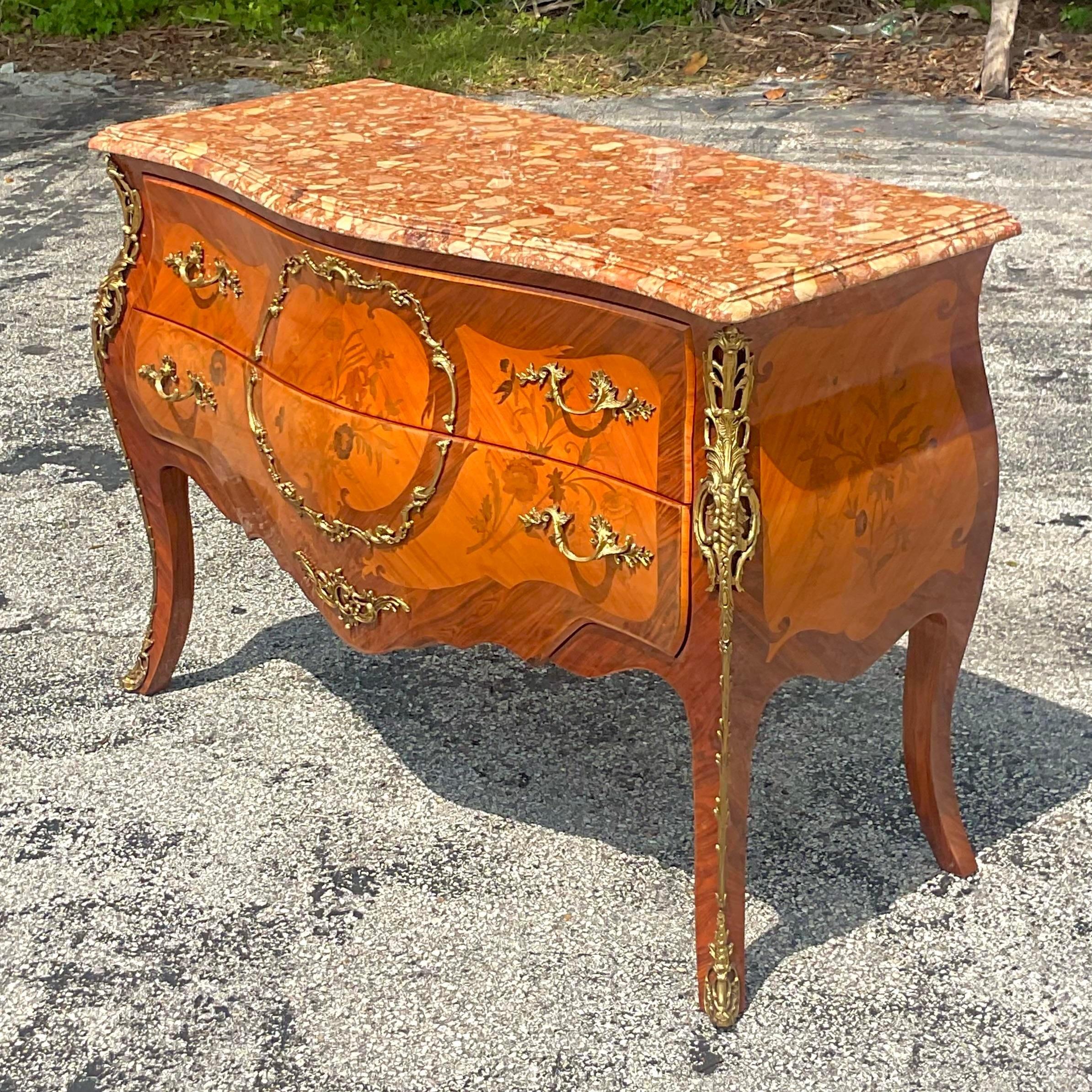 American Late 20th Century Vintage Regency Marquetry Bombe Chest With Ormolu Detail