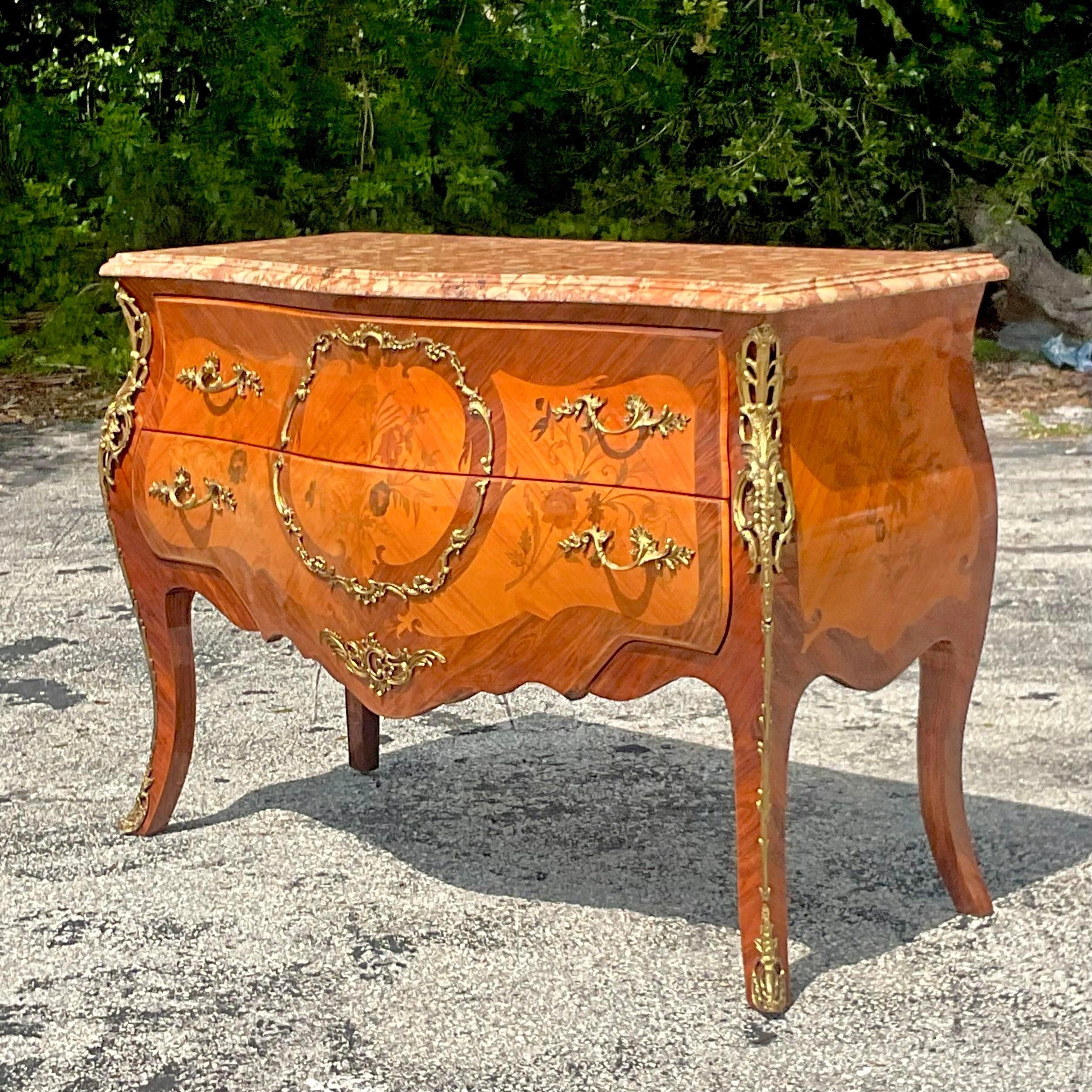 Late 20th Century Vintage Regency Marquetry Bombe Chest With Ormolu Detail In Good Condition In west palm beach, FL