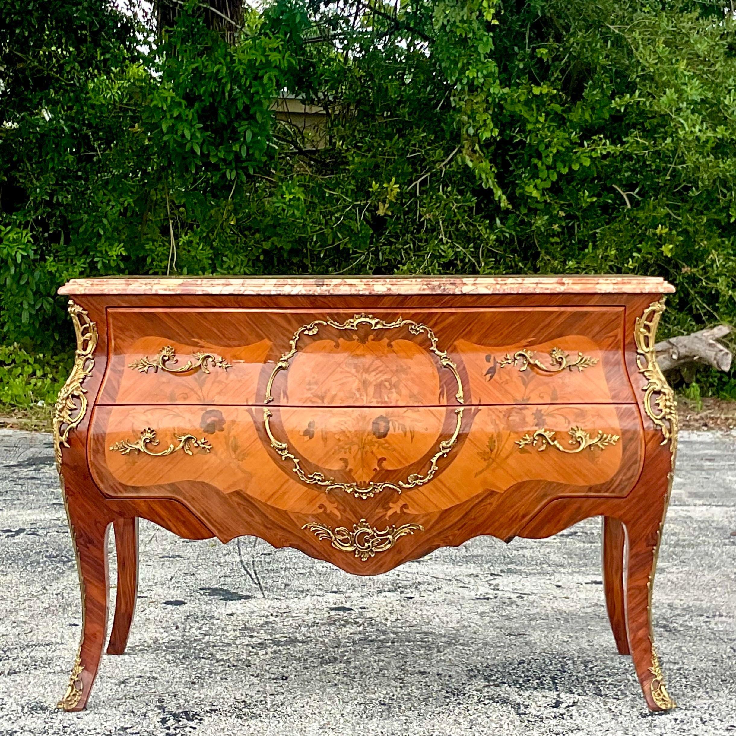 Brass Late 20th Century Vintage Regency Marquetry Bombe Chest With Ormolu Detail For Sale