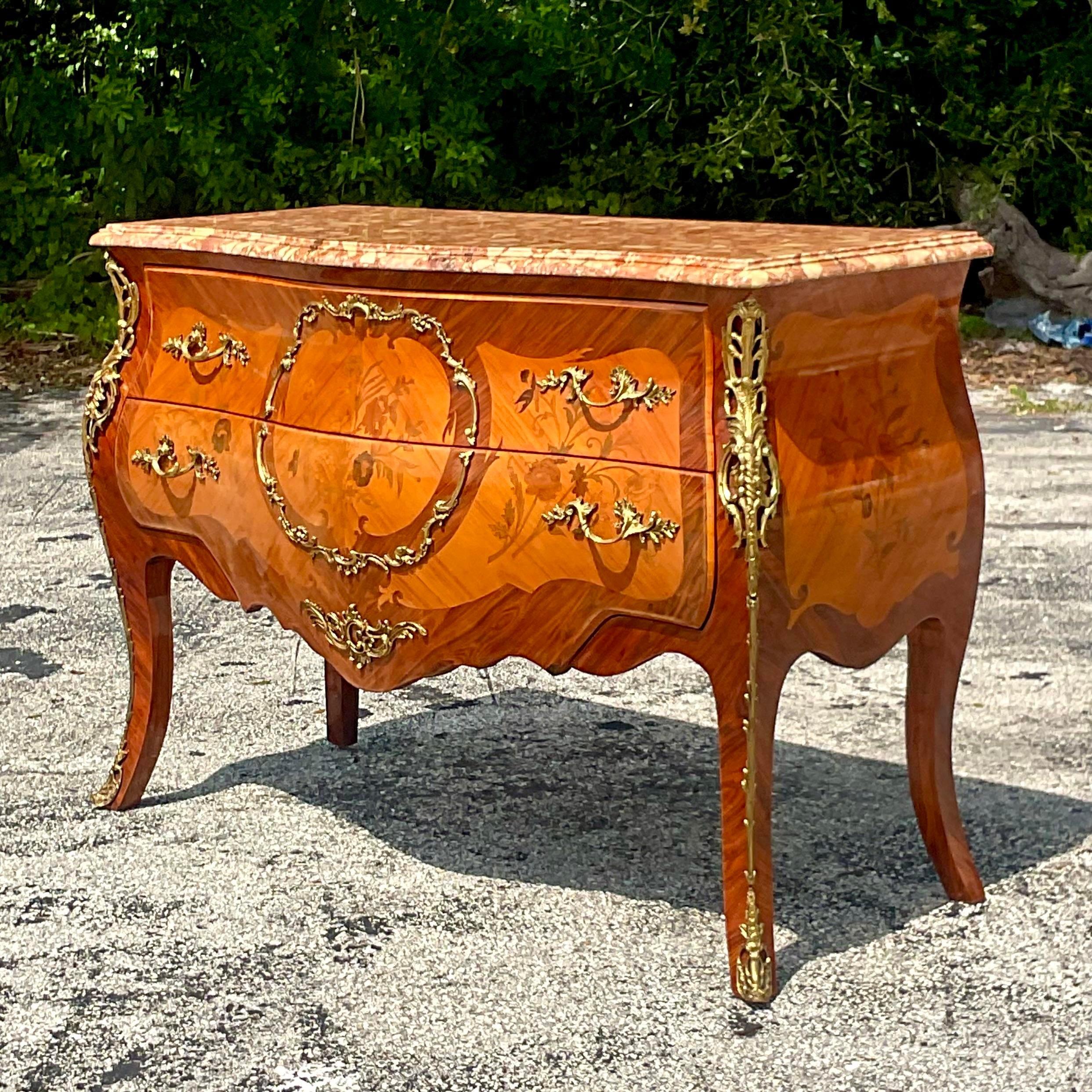 Late 20th Century Vintage Regency Marquetry Bombe Chest With Ormolu Detail 1