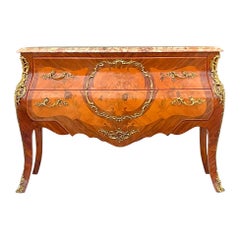 Late 20th Century Vintage Regency Marquetry Bombe Chest With Ormolu Detail