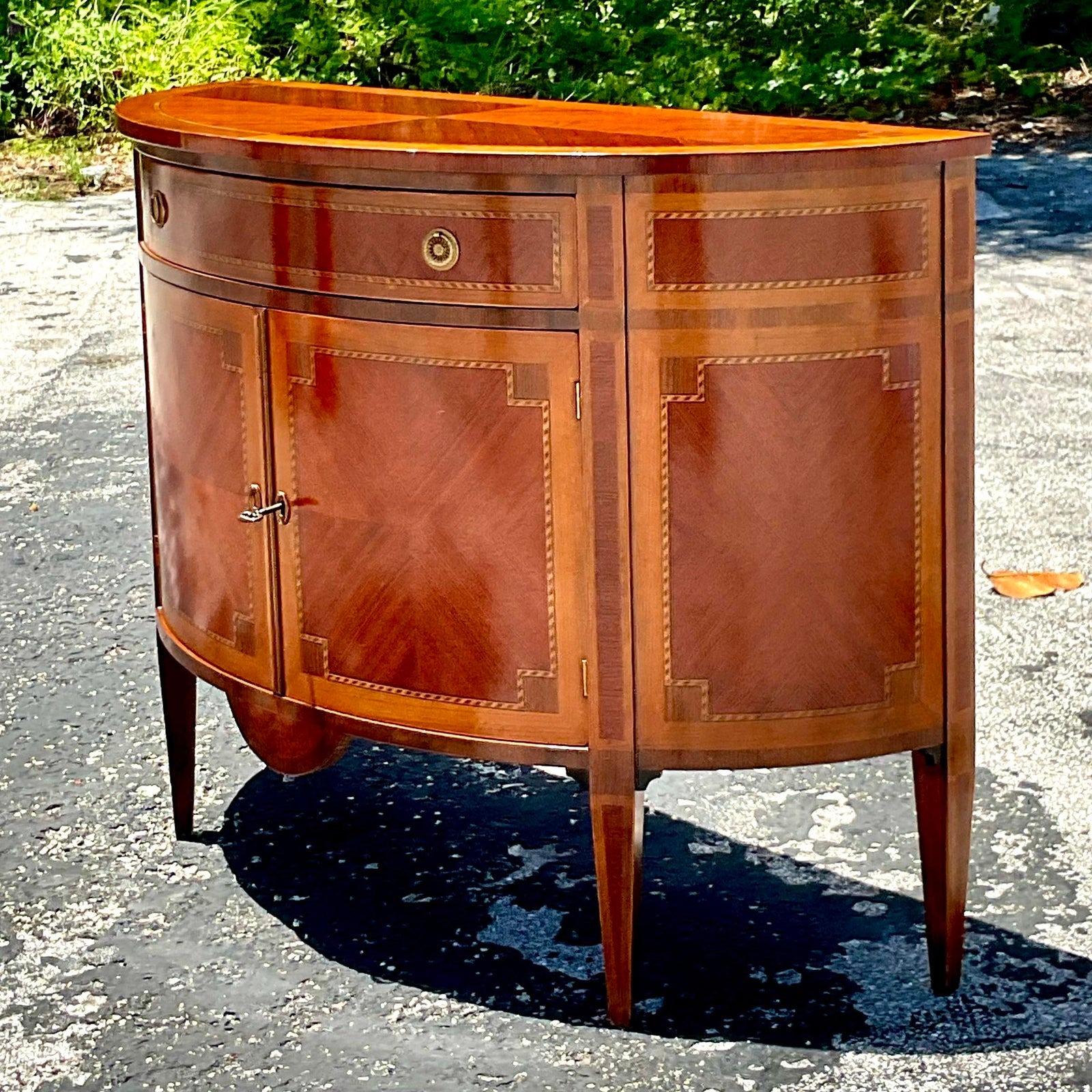 North American Late 20th Century Vintage Regency Marquetry Demilune Console Cabinet For Sale