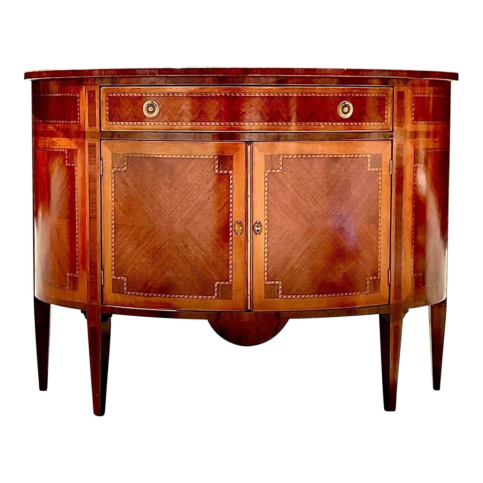 Late 20th Century Vintage Regency Marquetry Demilune Console Cabinet For Sale