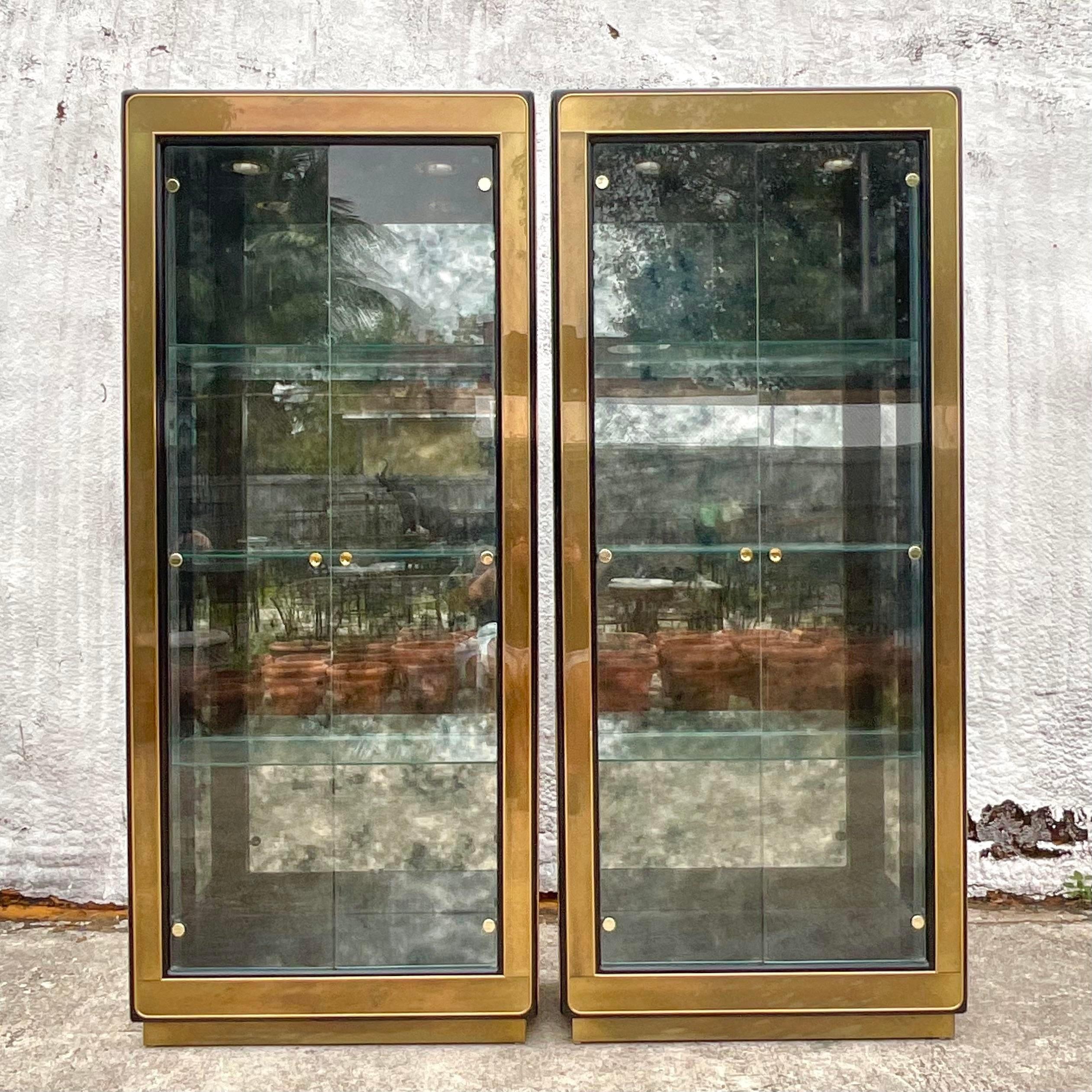 American Late 20th Century Vintage Regency Mastercraft Burnished Brass Glass Etagere-Pair For Sale
