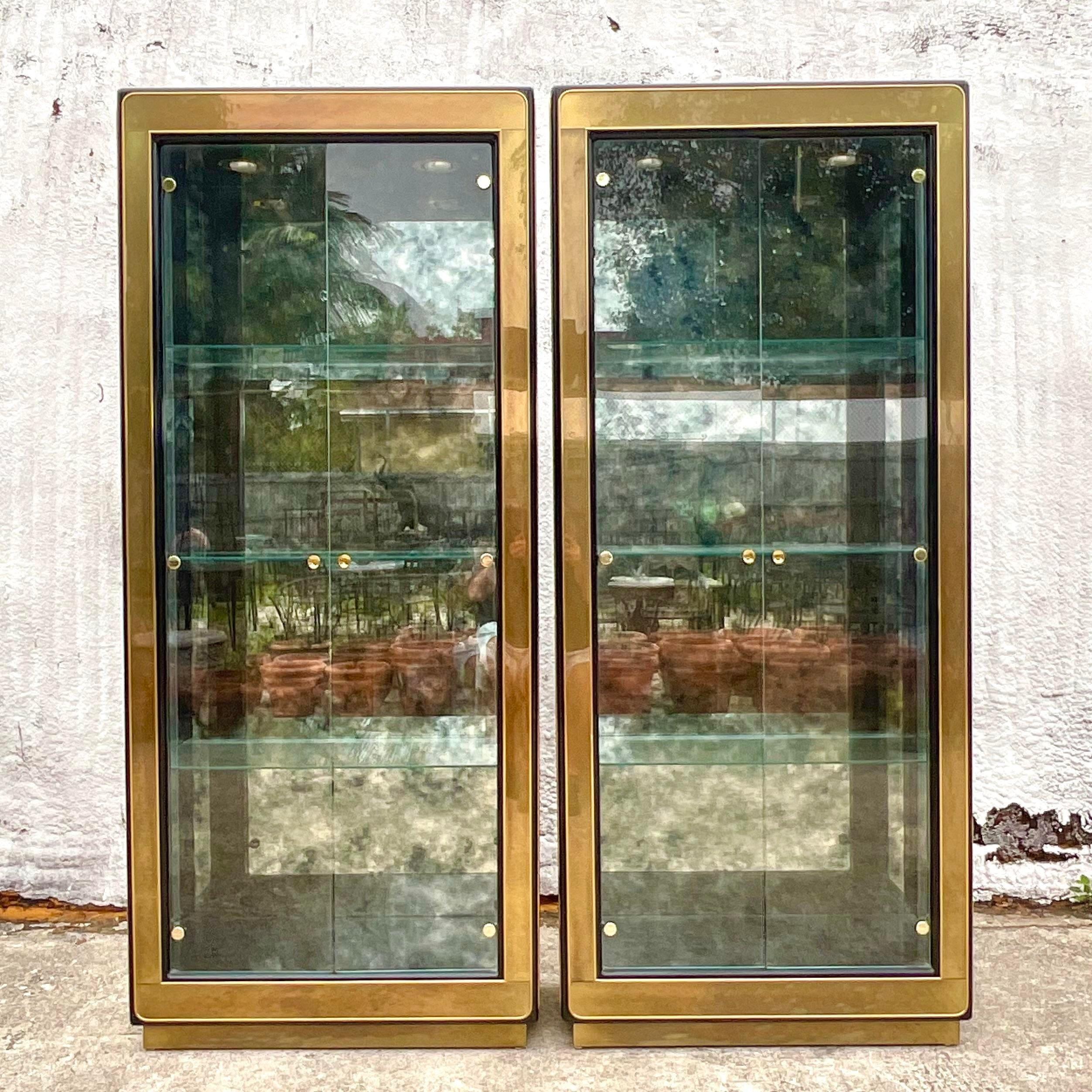Late 20th Century Vintage Regency Mastercraft Burnished Brass Glass Etagere-Pair For Sale 1