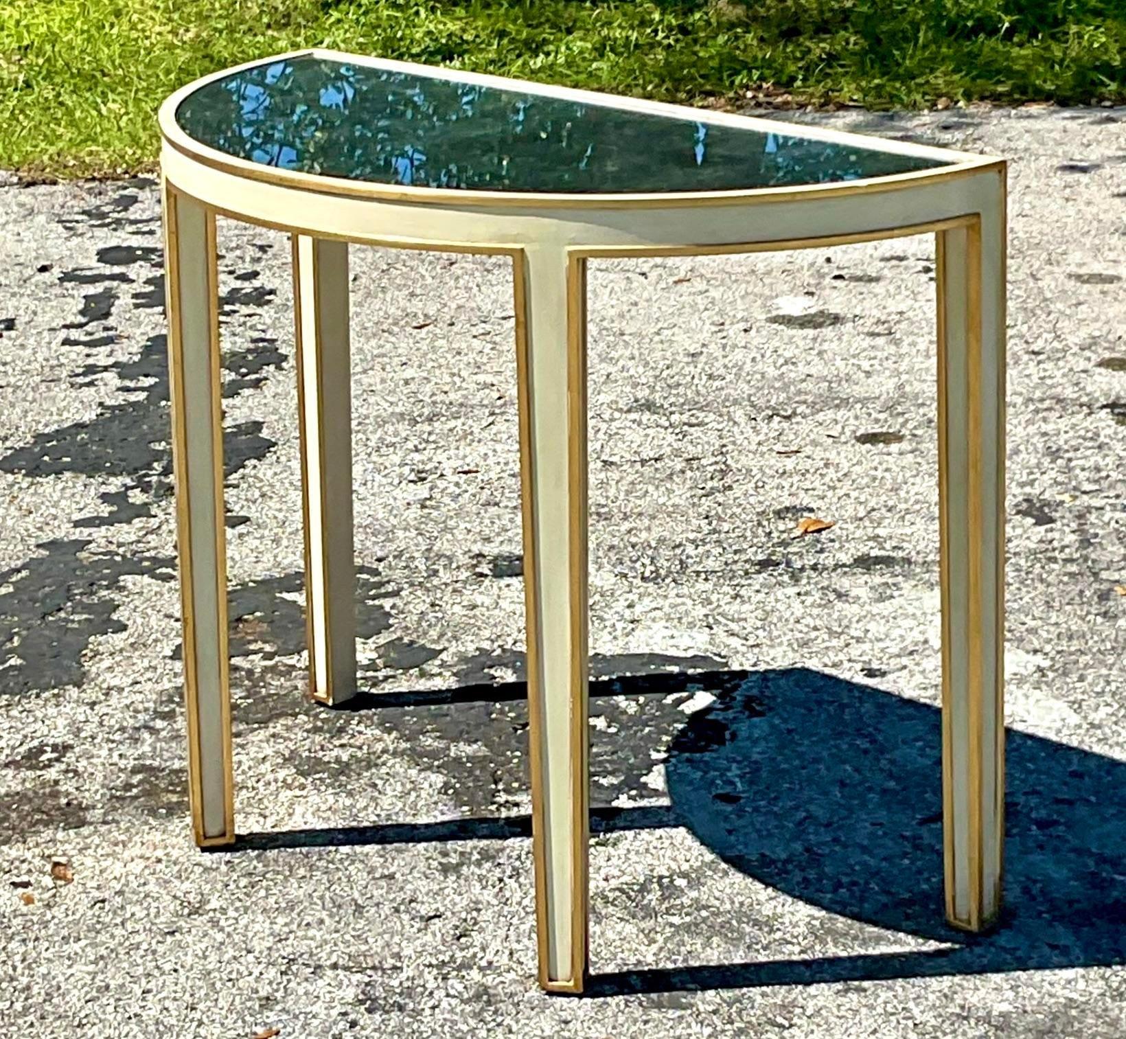 Late 20th Century Vintage Regency Modern Gilt Tipped Demi-Lune Hall Table In Good Condition For Sale In west palm beach, FL