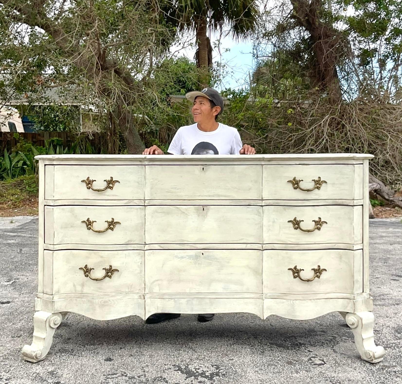 Late 20th Century Vintage Regency Monumental Washed Roll Front Dresser In Good Condition In west palm beach, FL