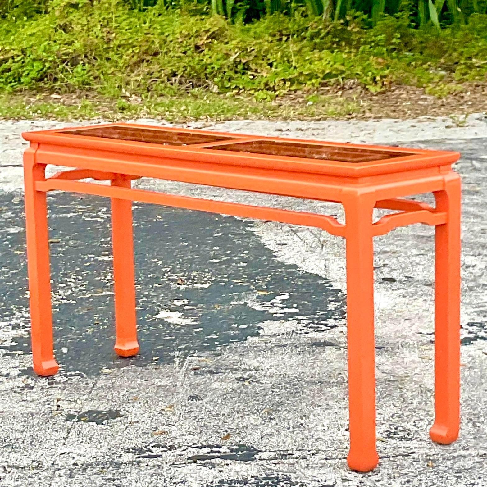 American Late 20th Century Vintage Regency Orange Lacquered Fretwork Console Table For Sale