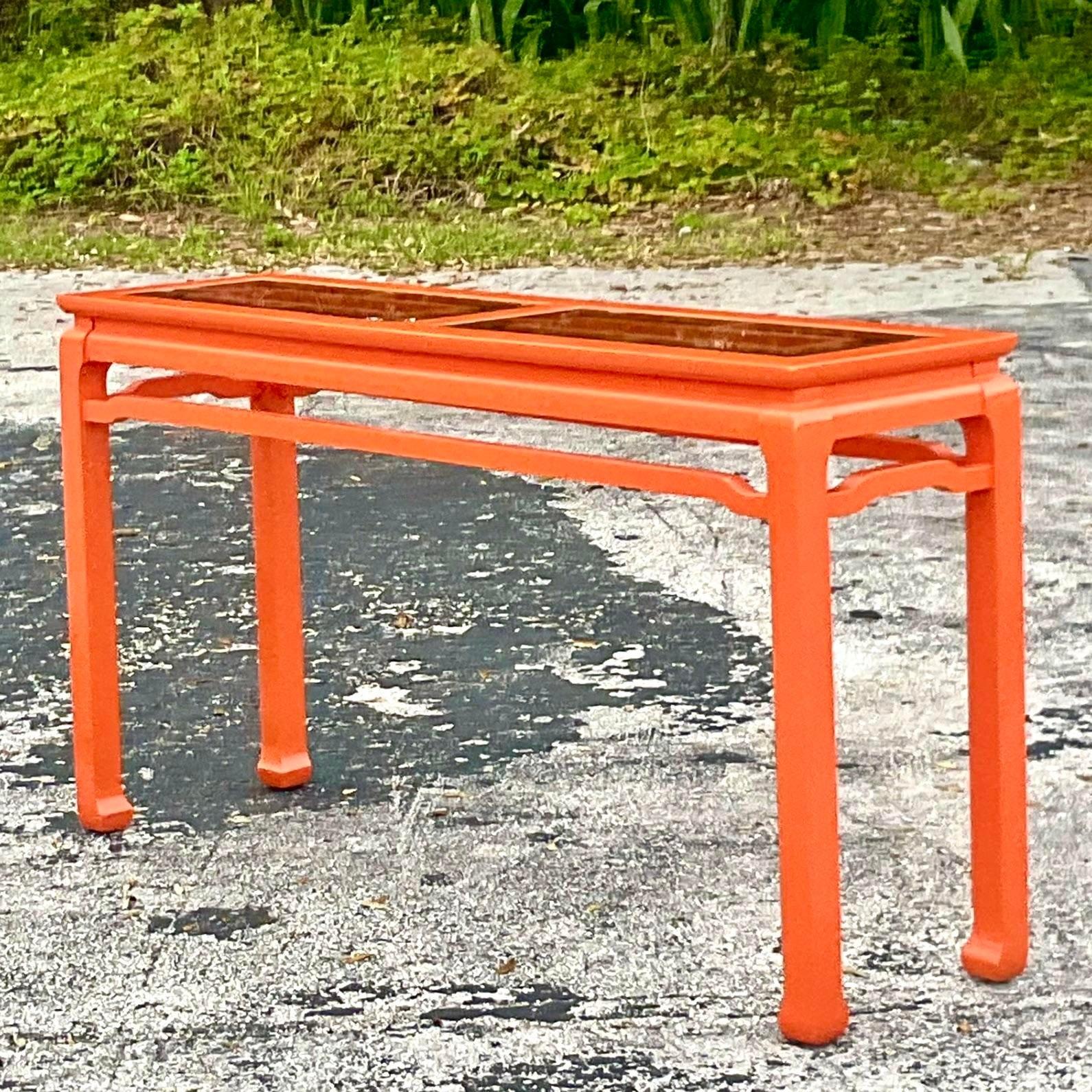 Late 20th Century Vintage Regency Orange Lacquered Fretwork Console Table In Good Condition For Sale In west palm beach, FL