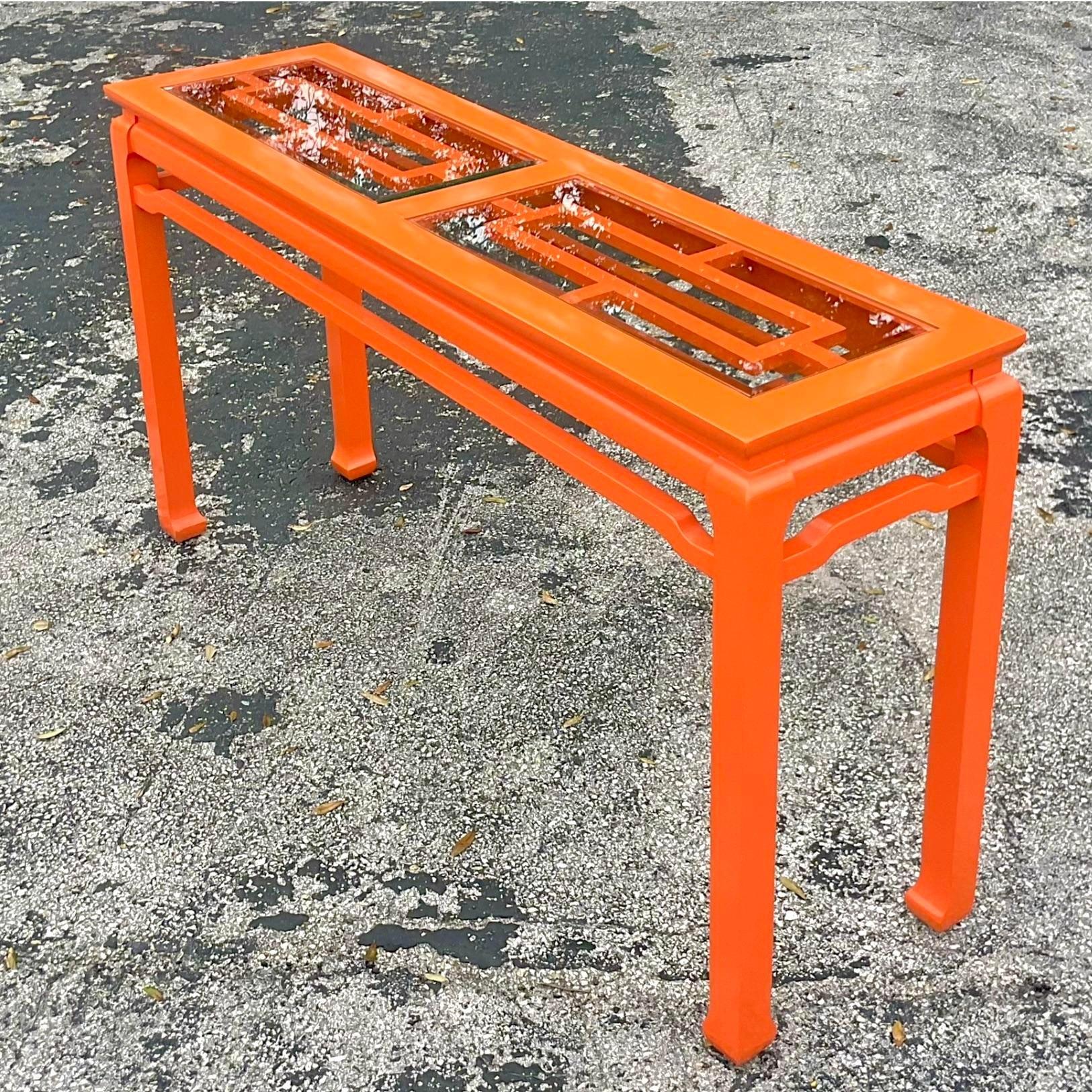 Glass Late 20th Century Vintage Regency Orange Lacquered Fretwork Console Table For Sale