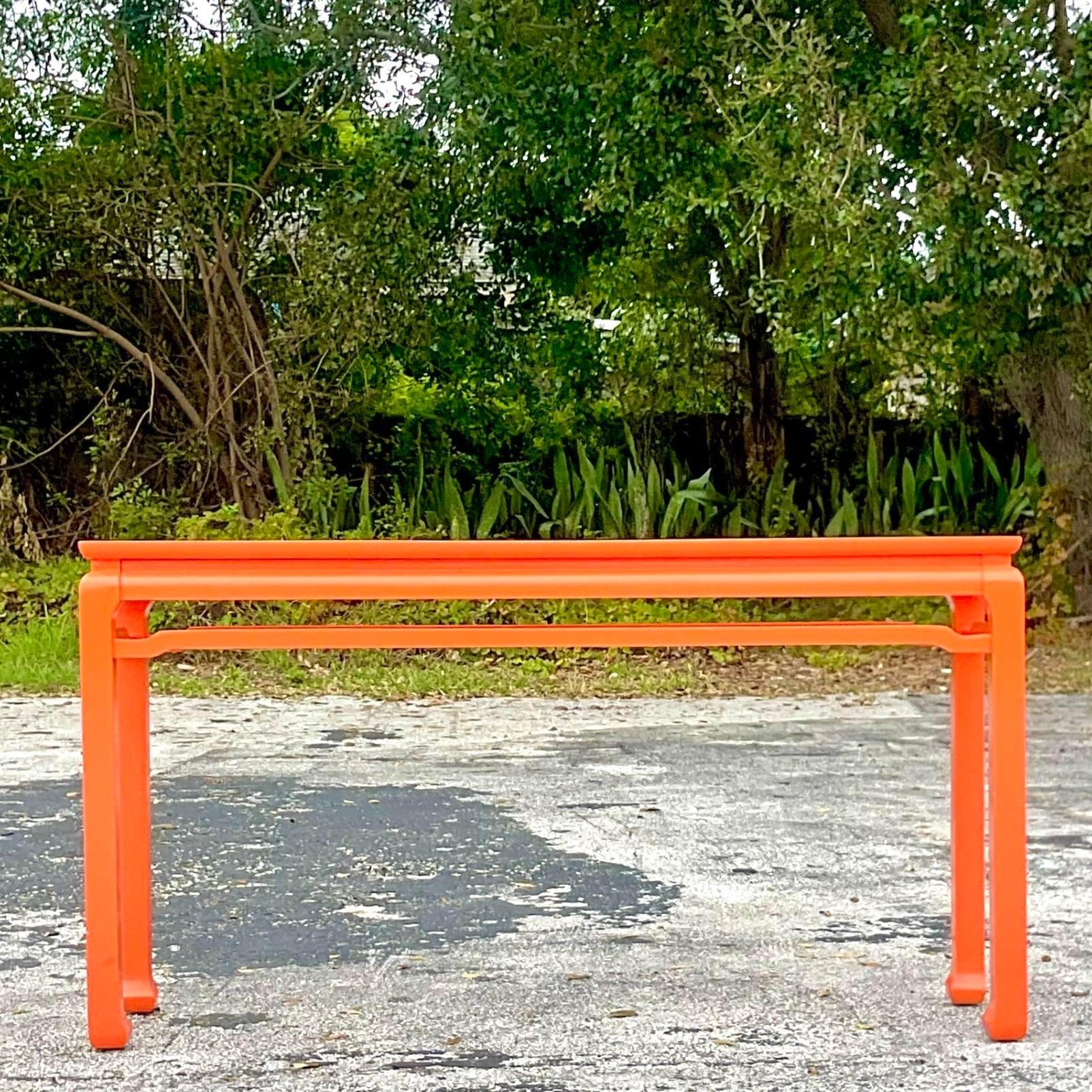 Late 20th Century Vintage Regency Orange Lacquered Fretwork Console Table For Sale 3