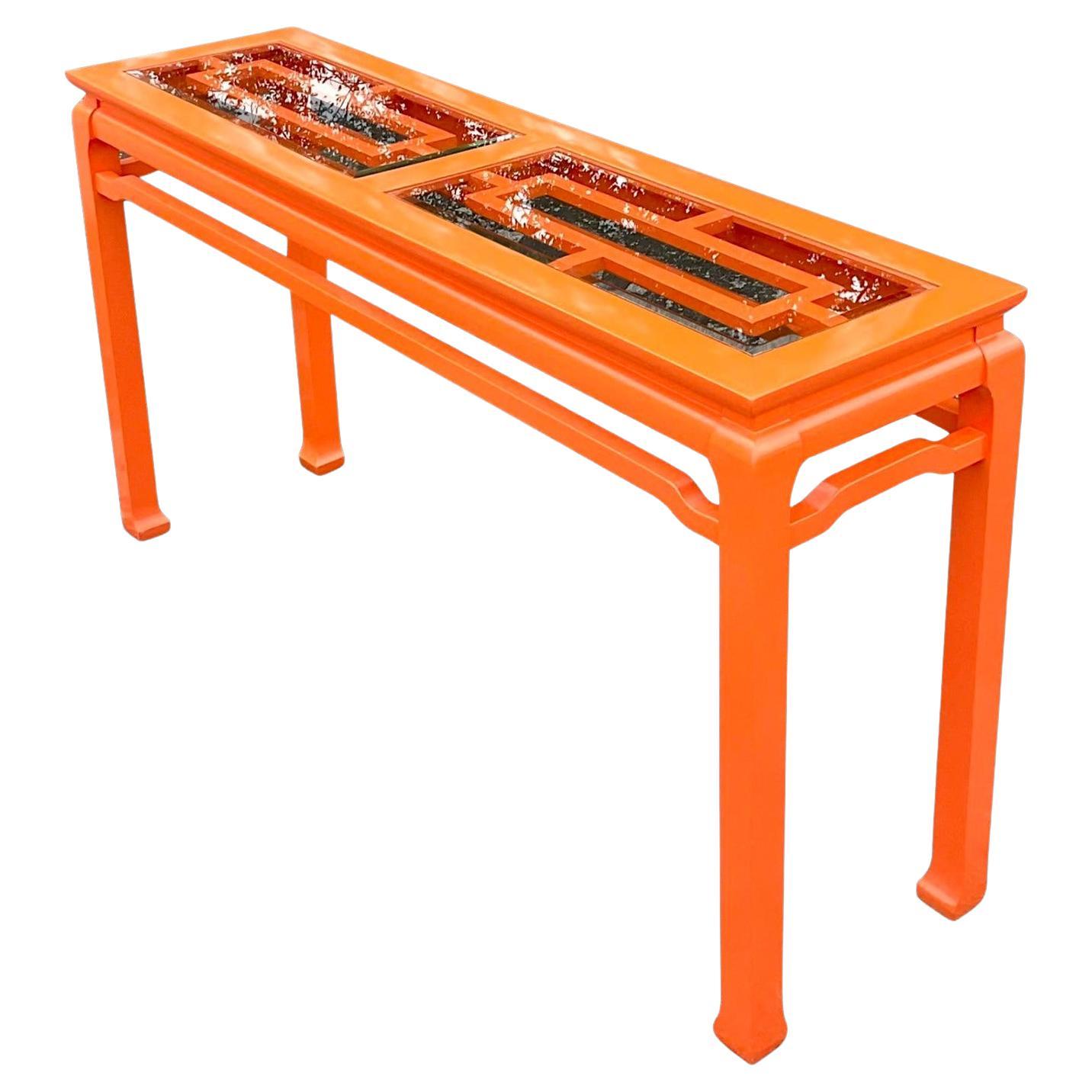 Late 20th Century Vintage Regency Orange Lacquered Fretwork Console Table For Sale