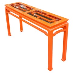 Fin du 20e siècle Vintage Regency Table console en bois ajouré laqué orange