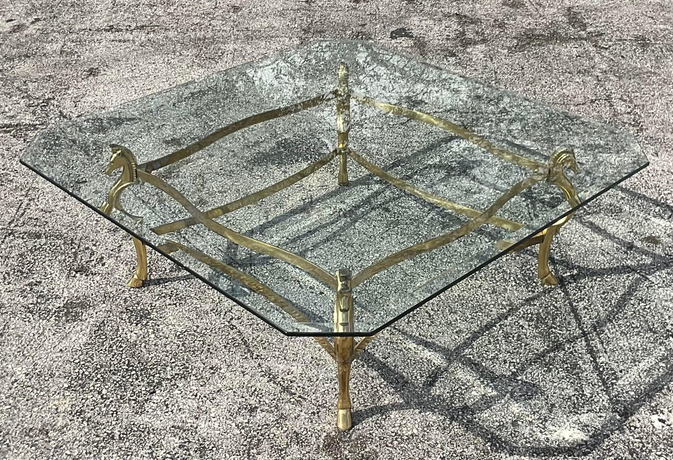 Late 20th Century Vintage Regency Polished Brass Horse Head Coffee Table For Sale 1