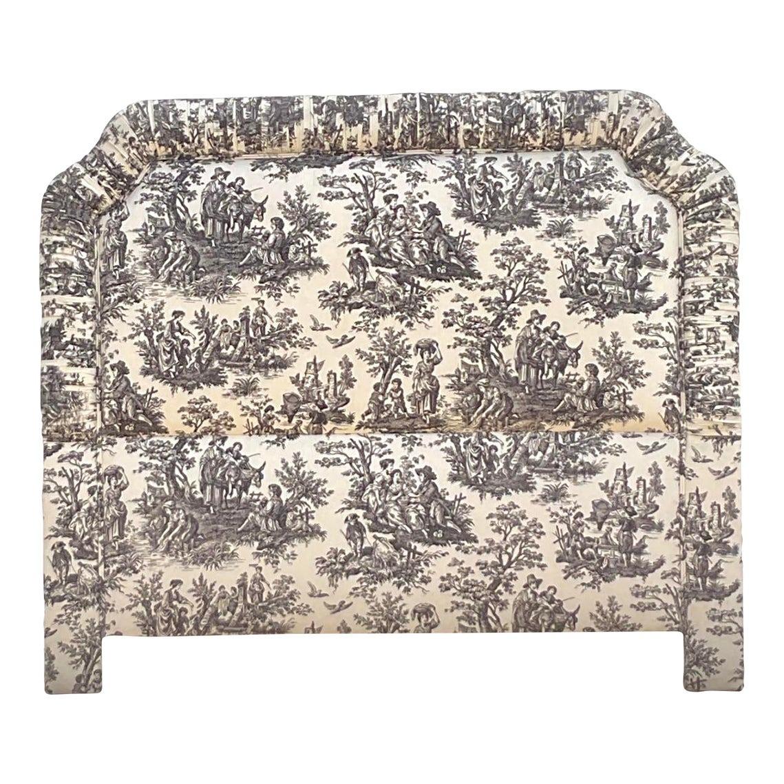 Late 20th Century Vintage Regency Rusched Toile Upholstered Queen Headboard For Sale