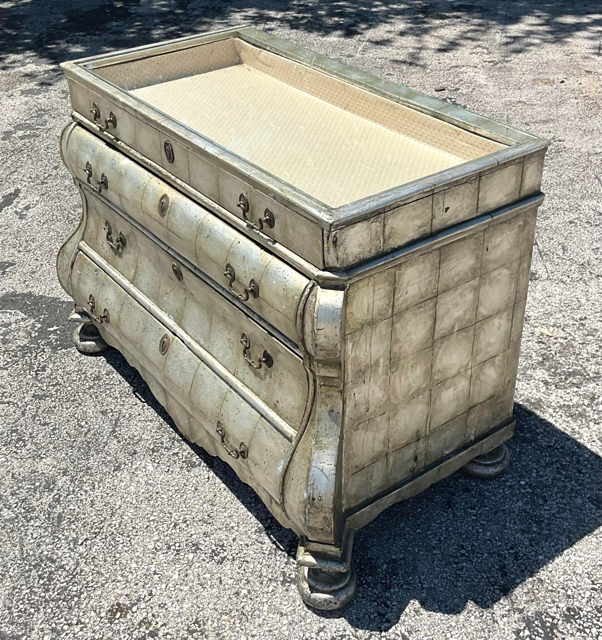 American Late 20th Century Vintage Regency Silver Leaf Collectors Chest of Drawers For Sale