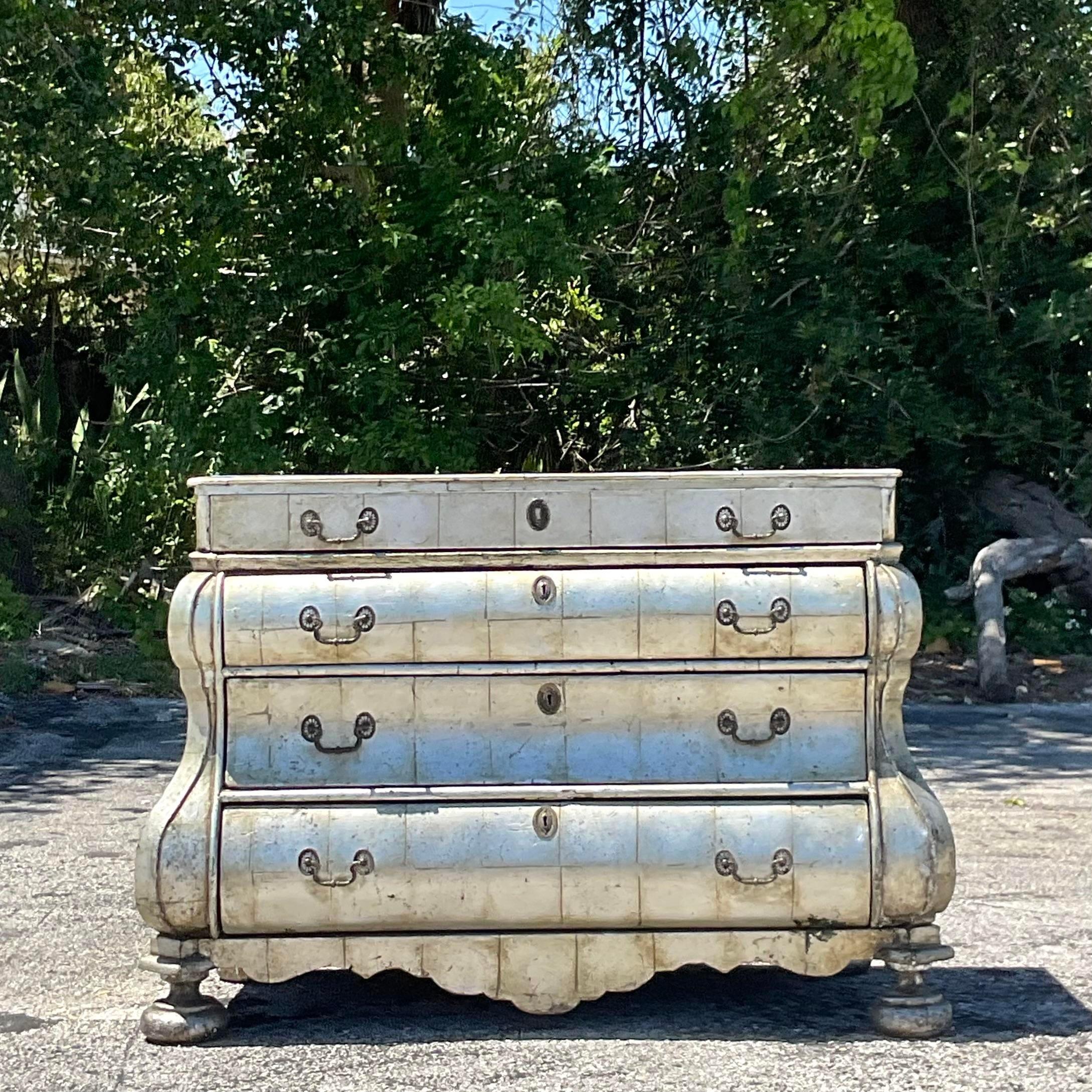 Late 20th Century Vintage Regency Silver Leaf Collectors Chest of Drawers In Good Condition For Sale In west palm beach, FL