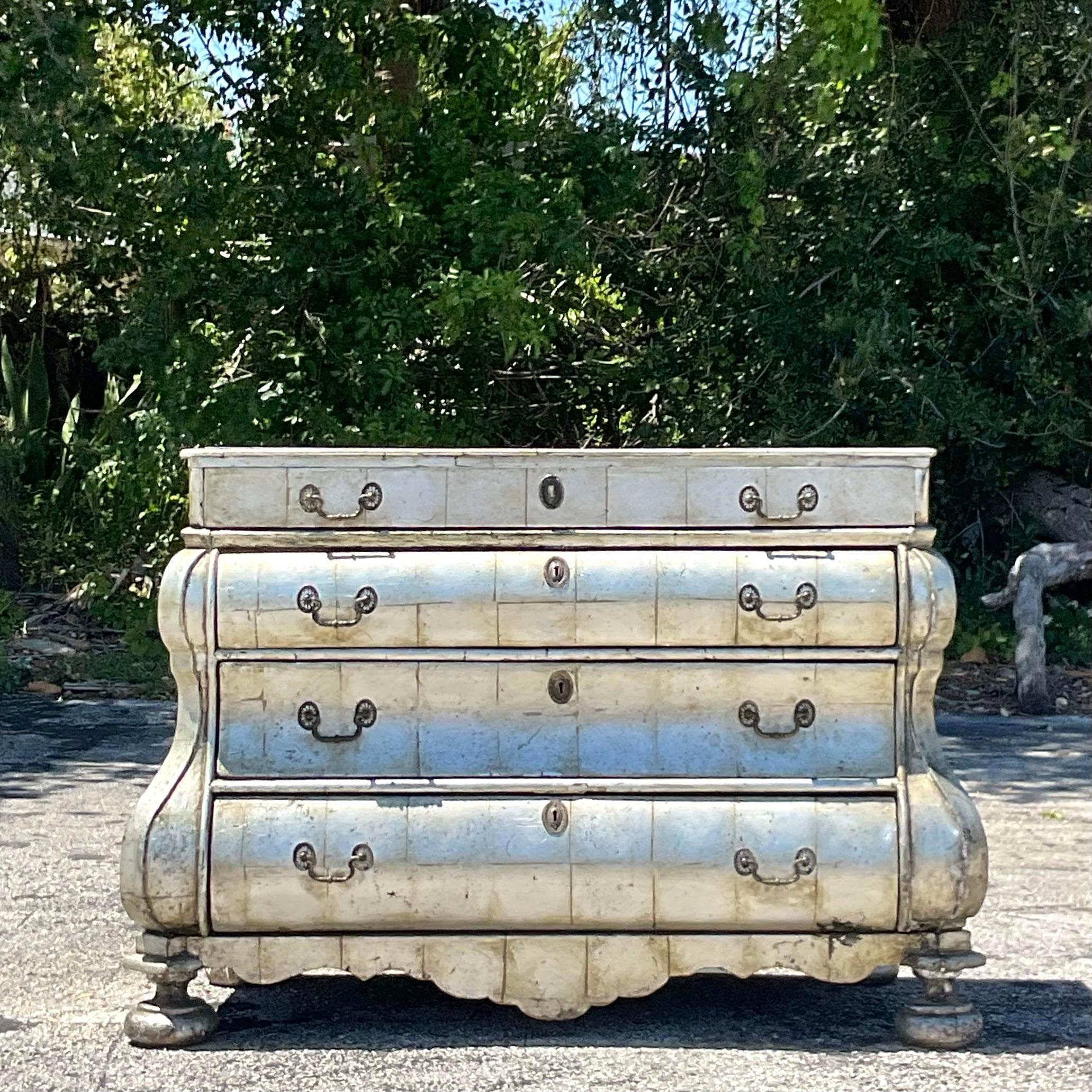 Upholstery Late 20th Century Vintage Regency Silver Leaf Collectors Chest of Drawers For Sale