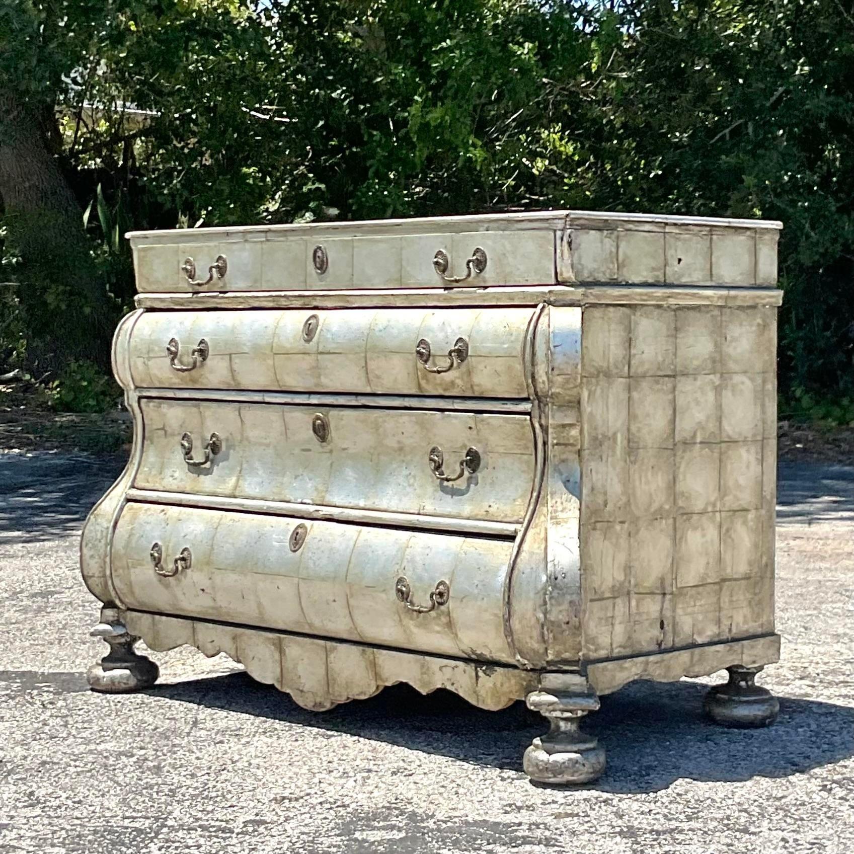 Late 20th Century Vintage Regency Silver Leaf Collectors Chest of Drawers For Sale 1