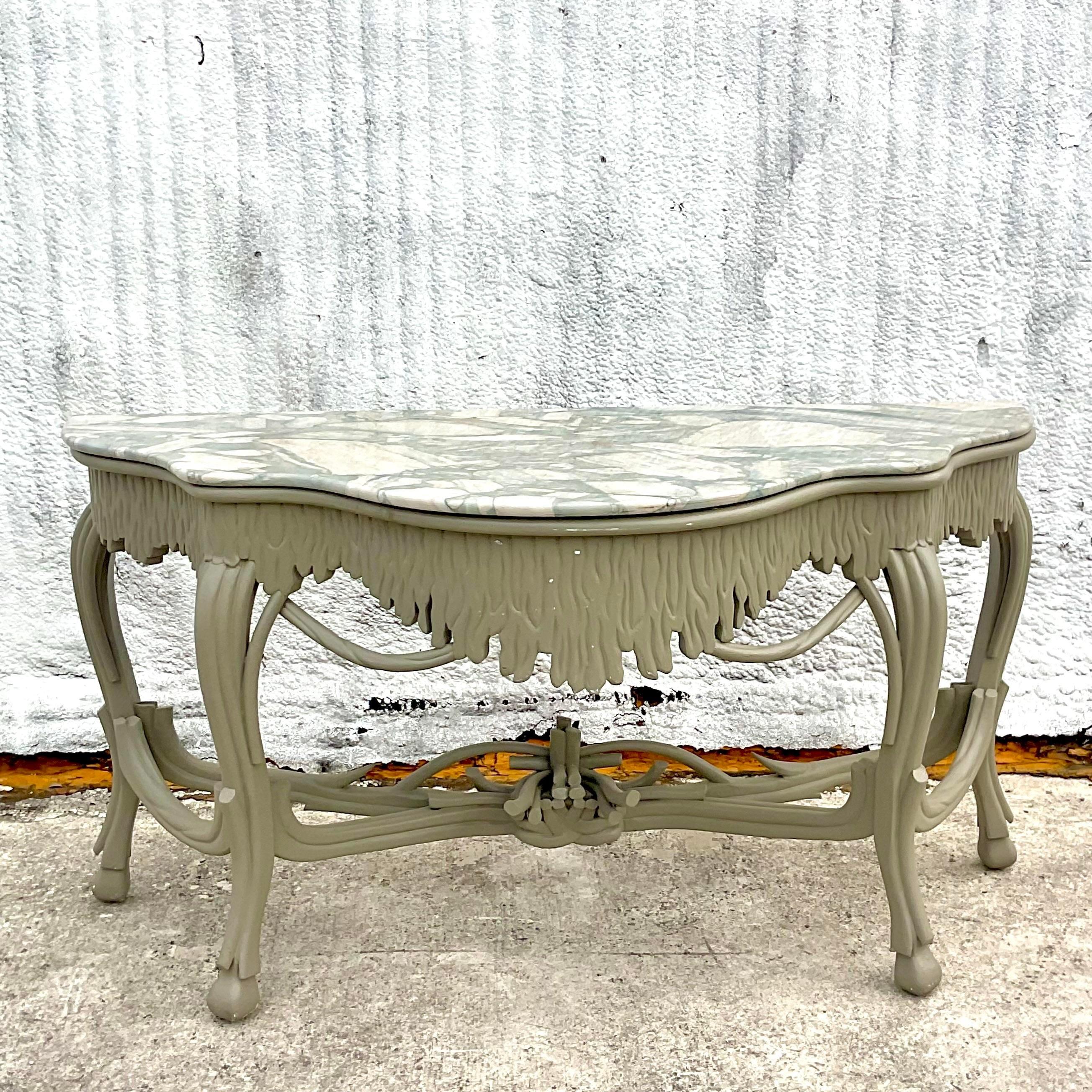 American Late 20th Century Vintage Regency Stone Top Faux Bois Console Table For Sale