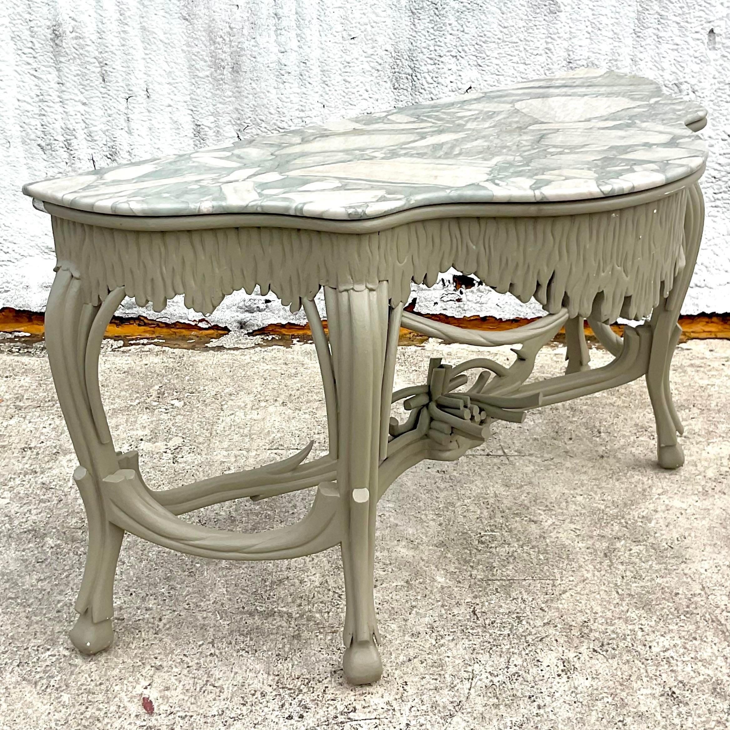 Late 20th Century Vintage Regency Stone Top Faux Bois Console Table In Good Condition For Sale In west palm beach, FL