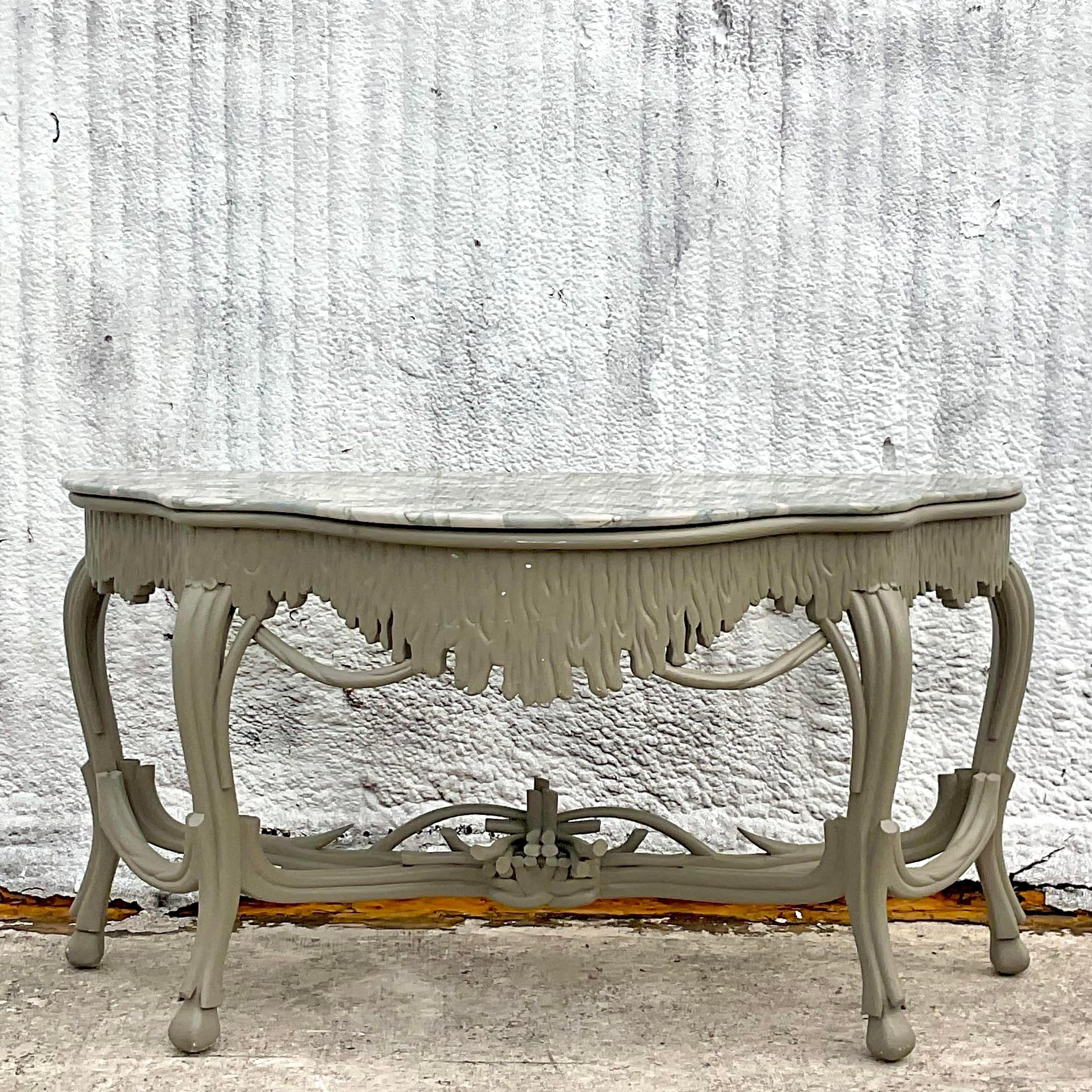 Late 20th Century Vintage Regency Stone Top Faux Bois Console Table For Sale 1
