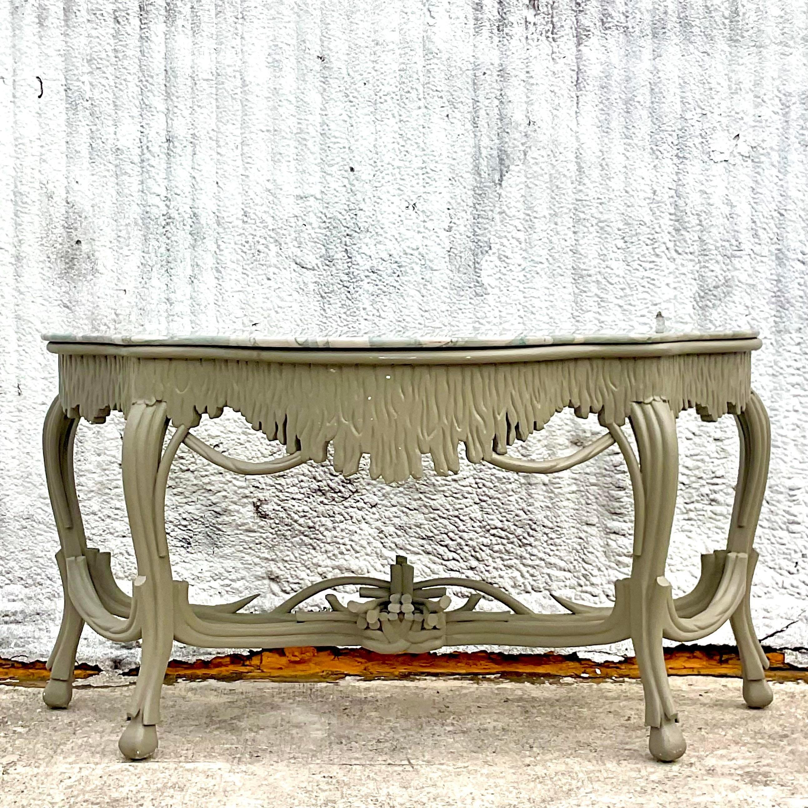 Pierre Fin du 20ème siècle Vintage Regency Stone Top Faux Bois Console Table en vente