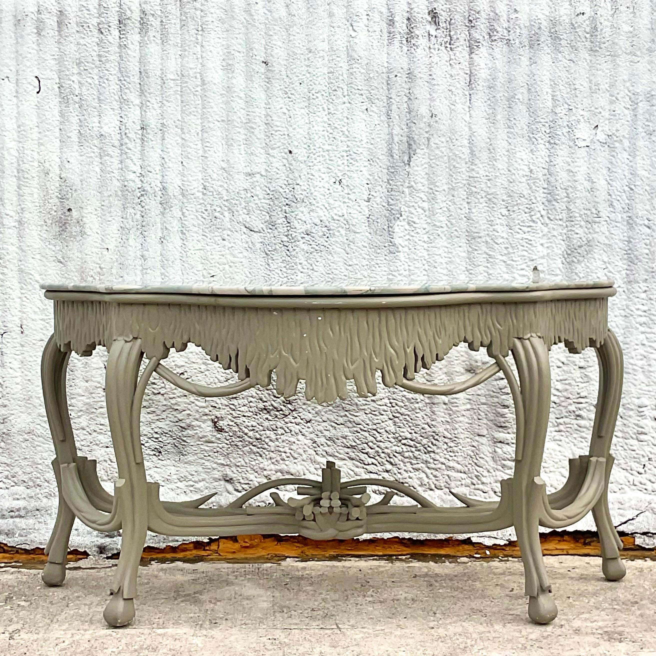 Late 20th Century Vintage Regency Stone Top Faux Bois Console Table For Sale 3