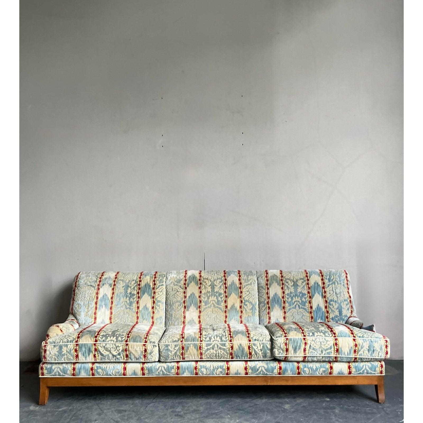 Late 20th Century Vintage Regency Striped Cut Velvet Sofa In Good Condition For Sale In West Palm Beach, FL