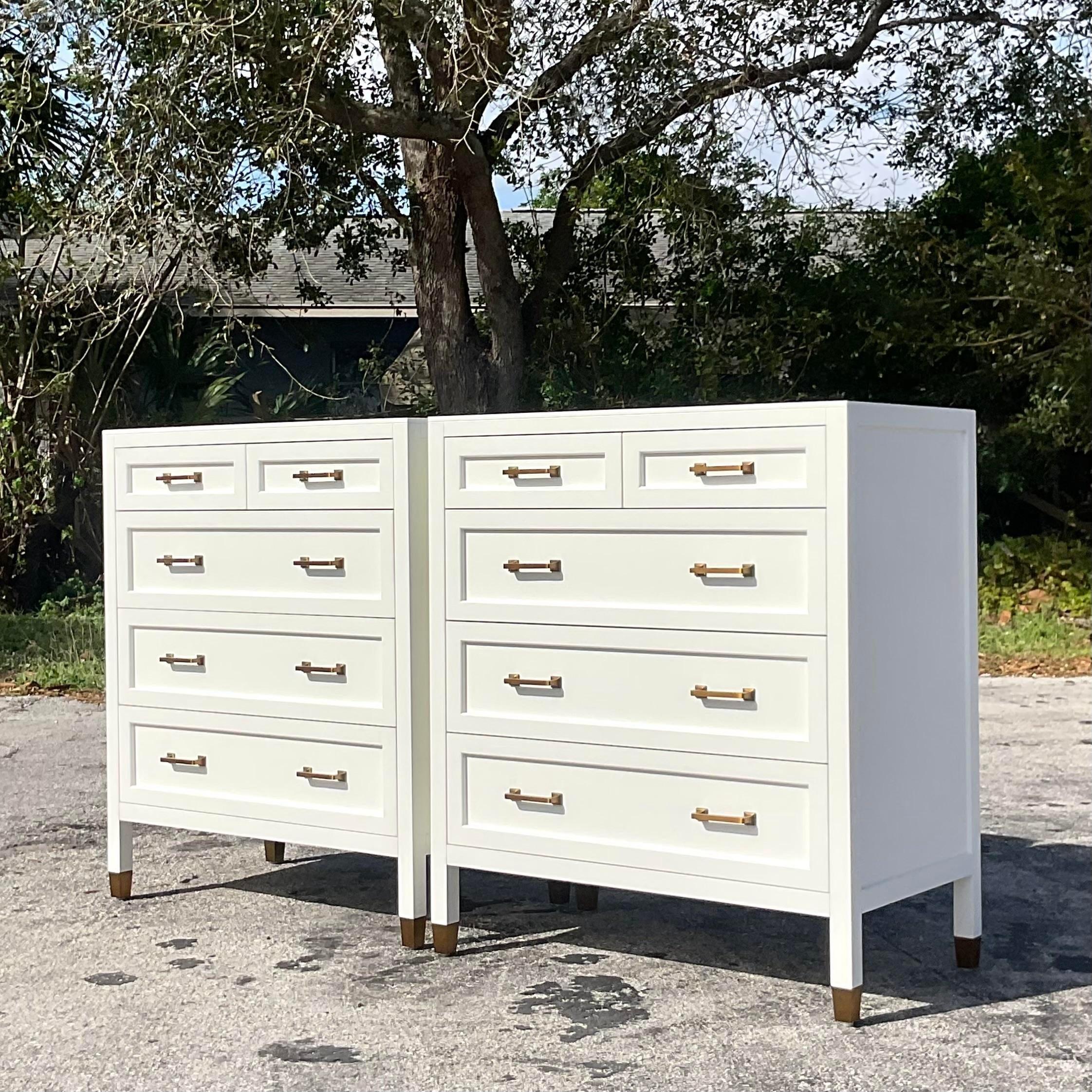 A lovely set of vintage Serena and Lily dressers. The come in a beautiful white with brass accents. Acquired at a Palm Beach estate